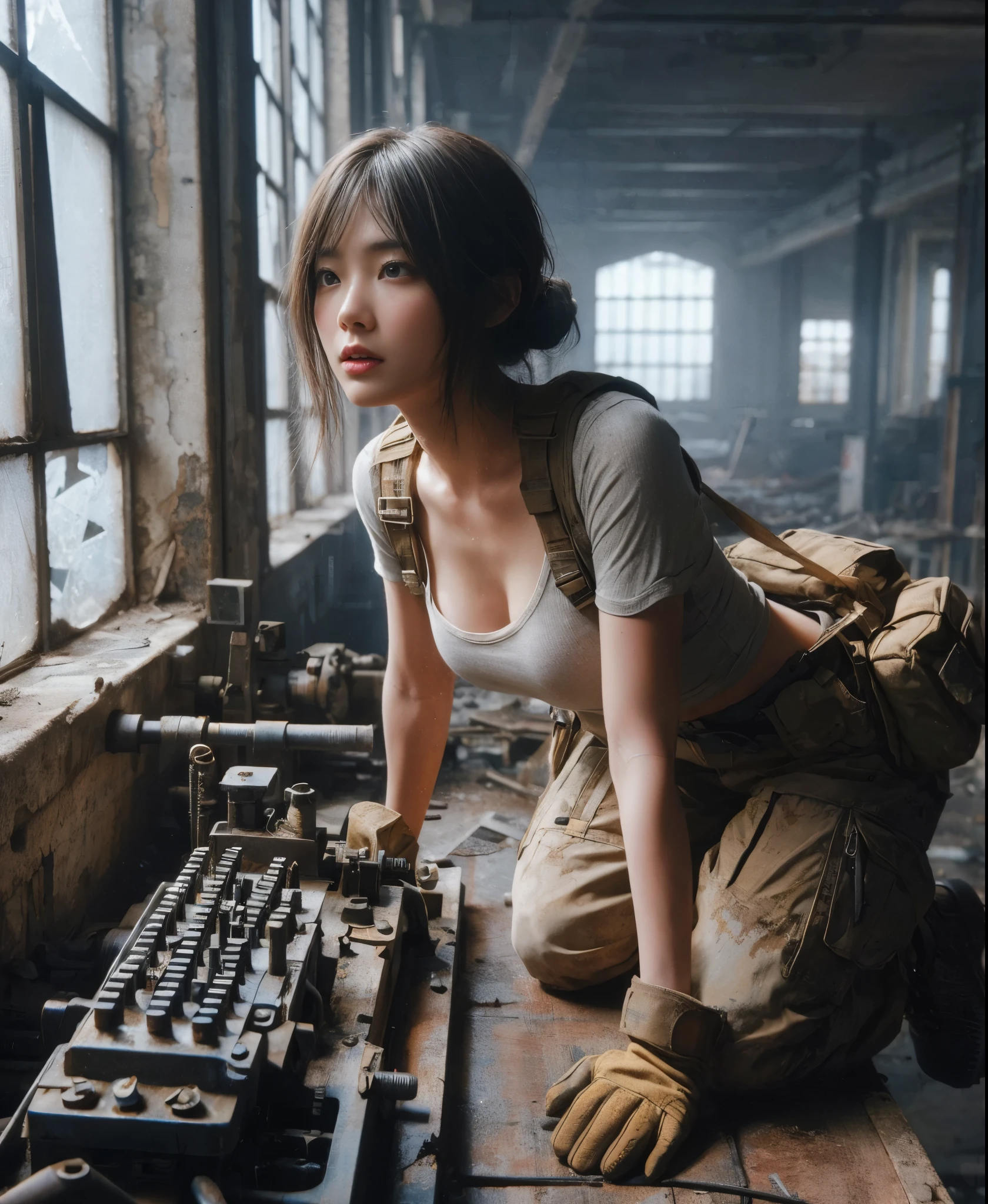 8k,Realistic Photo、Realistic Skin Texture、Superrealism、Japanese women in the U.S. military、Searching for something in a mysterious abandoned factory、The concrete floor is cracked and wet.、Abandoned machinery is rusting and decaying.、Tattoo