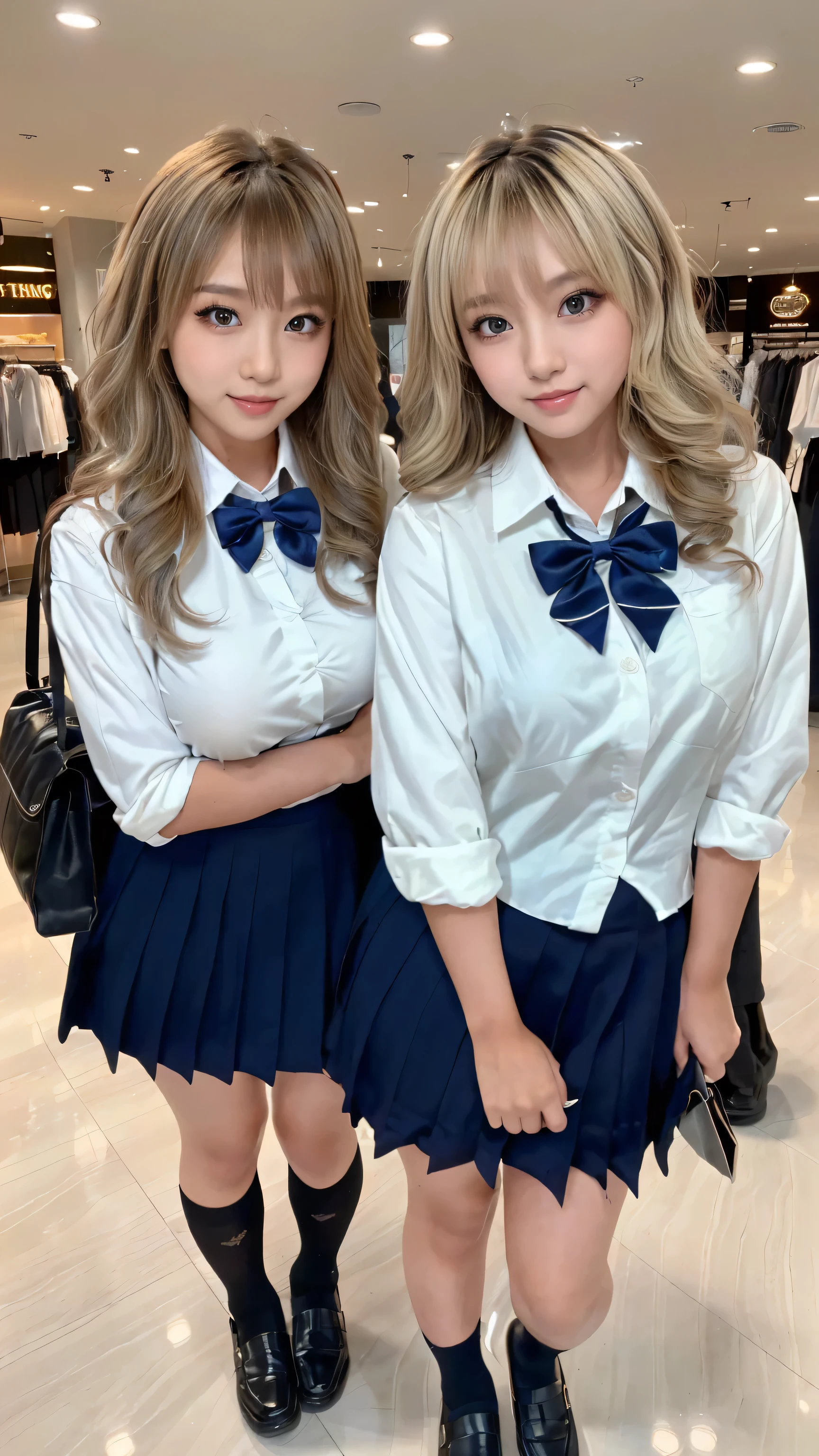 (scene; (2 people:1.8)), Gal, (High school girls 2 people), (Shopping mall, Shopping Street, street, Outdoor), (Look at me Are you standing, Full body portrait, Photograph the whole body, Full-body image, Are standing, With legs spread, Doing sexy poses), (Thin thighs, Long, slender limbs, Small waist), ((Highly detailed skin), Beautiful realistic face, White skin, Pointed Chest, Perfect Anatomy, Realistic eyes, Natural Eyes, Brown Eyes, Accurate eye focus, Accurate limbs), (Hyper Realist, Ultra-realistic, 4k, Attention to detail, Ultra-high resolution, highest quality, masterpiece, Presence, dynamic, Uplifting, bold, Sharpness), (Huge breasts:1.5, Cleavage:1.5), (Blonde long hair:1.5, Wavy long hair:1.5, Curly Hair:1.5), (sleek bangs), (Twin tail hair), (White collared shirt, Pleated mini skirt, Navy colored socks, Black loafers, Ribbon tie), in uniform, Surreal school girl, tall, in uniform, smile, Emphasis on cleavage, (Are standing cute schoolgirls 2 people:1.8),