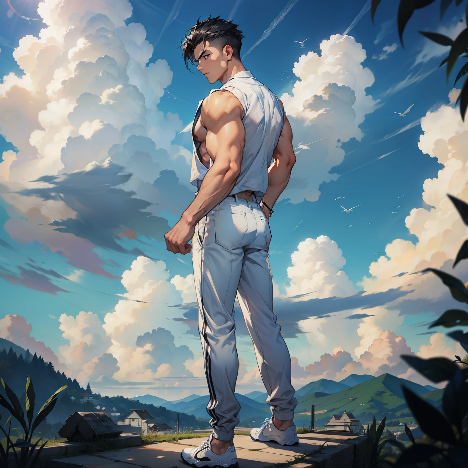 boys 26 Years old, Serious face, wearing white singlet shirt, black pants, levitate on sky, blue sky, cloud