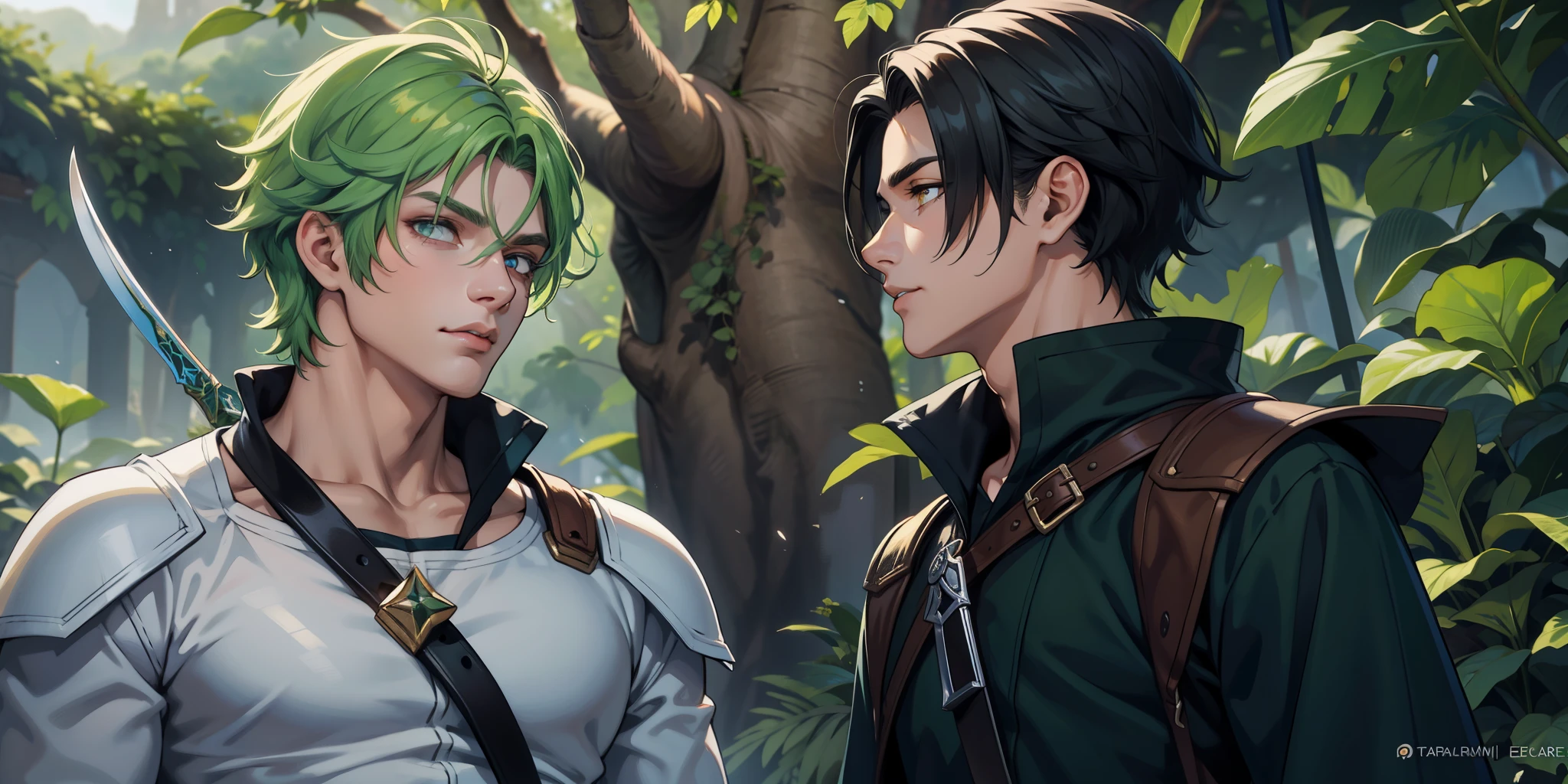 lindo chico de cabello blanco ojos verdes tiene una espada de fondo se ven palacios sumerios y egipcios