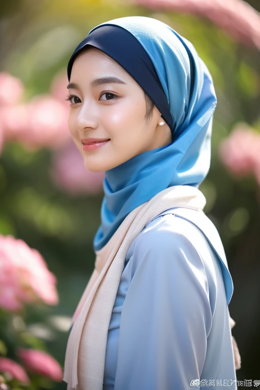 (((high detailed skin,visible pores))), dreamlike, (ulzzang-6500-v1.1:0.5),pureerosface_v1:0.2, face close-up, 1 girl, tall body, slim faces, body abs:1.2, Luna Maya, 20 years old, blushing, hijab ( the hijab covered the hair ), (8K, raw photo, highest quality, flying fragments: 1.2), (reality, realita: 1.4), sharp focus on something big, slim faces, large breasts, shy smile, visible pores, cinematic lighting, bright light, eye beauty details, shiny and smooth skin, red lipstick, shiny skin, super dense skin, high resolution, complicated hijab, detailed style, detailed beauty face, very realistic, perfect body parts, perfect anatomy, 1 Japanese girl, famous Japanese idol, perfect female body, beautiful eyes, short eyelashes, double eyelids, look straight towards here, wearing white scrunchie, wearing a long dusty blue Malay gamis, walking, standing upright and facing me, so the whole body can be seen, autumn season, abaya clothes, looking straight at me, wearing a scarf, view of the flowers garden, brick road, focus look at me