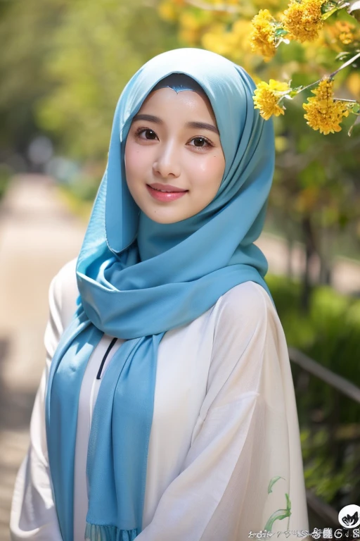 (((high detailed skin,visible pores))), dreamlike, (ulzzang-6500-v1.1:0.5),pureerosface_v1:0.2, face close-up, 1 girl, tall body, slim faces, body abs:1.2, Luna Maya, 20 years old, blushing, hijab ( the hijab covered the hair ), (8K, raw photo, highest quality, flying fragments: 1.2), (reality, realita: 1.4), sharp focus on something big, slim faces, large breasts, shy smile, visible pores, cinematic lighting, bright light, eye beauty details, shiny and smooth skin, red lipstick, shiny skin, super dense skin, high resolution, complicated hijab, detailed style, detailed beauty face, very realistic, perfect body parts, perfect anatomy, 1 Japanese girl, famous Japanese idol, perfect female body, beautiful eyes, short eyelashes, double eyelids, look straight towards here, wearing white scrunchie, wearing a long dusty blue Malay gamis, walking, standing upright and facing me, so the whole body can be seen, autumn season, abaya clothes, looking straight at me, wearing a scarf, view of the flowers garden, brick road, focus look at me