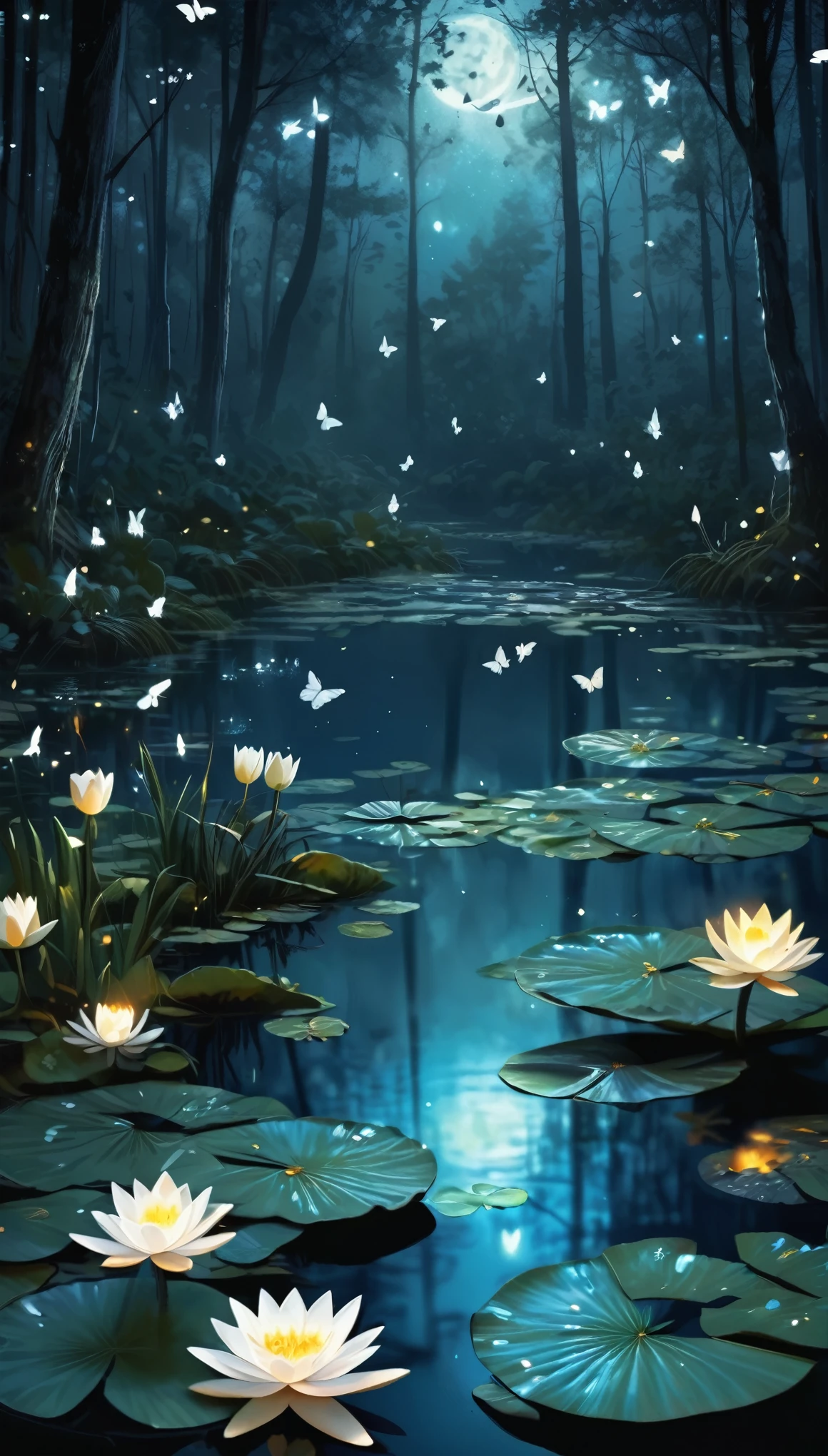 Dark Forest, at night, It's dark outside, Only fireflies light up the forest, A lake with mysterious, white butterflies flying towards the water lilies