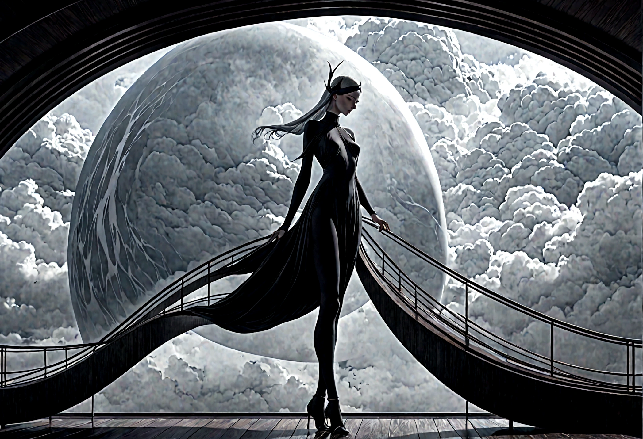 mix view fly noell oszvald in long cloth flying up on clouds bridge curves to the sky lounge, cinematic lighting, smooth detail, 3d shadow detail, misty ambience dark, high depth, high precision, nice body, surreal, 8k detailing, architect future winner awards, storm coming, cobalt amotsphere