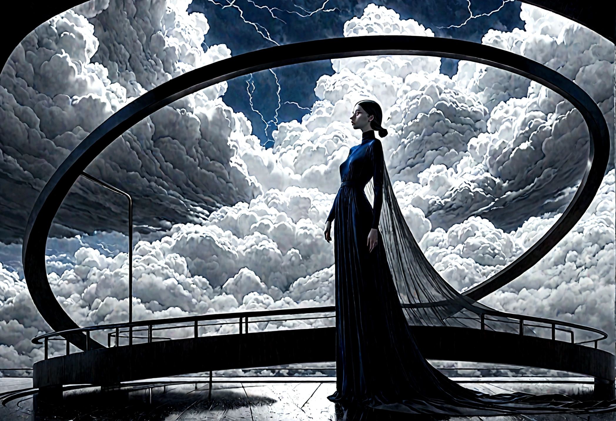 mix view fly noell oszvald in long cloth flying up on clouds bridge curves to the sky lounge, cinematic lighting, smooth detail, 3d shadow detail, misty ambience dark, high depth, high precision, nice body, surreal, 8k detailing, architect future winner awards, storm coming, cobalt amotsphere