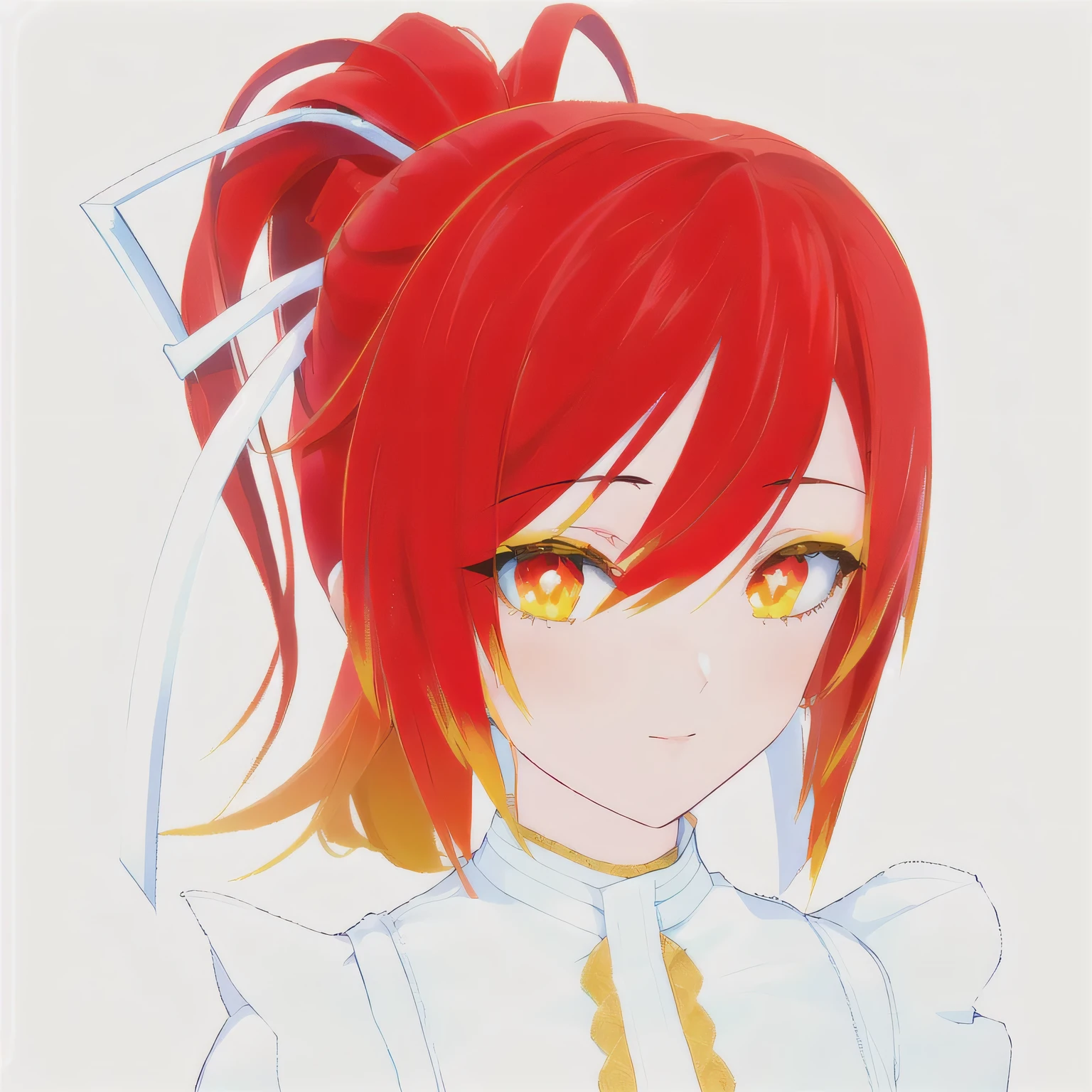 Anime girl with red hair and yellow eyes wearing a white shirt, Produced in collaboration with Anime Painter Studio, Rias Gremory, return, Erza Scarlet as a real person, April Rendering, glowing crimson head, Akira Yoshinari, Sayori, render of mirabel madrigal, Rendering a cute 3D anime girl, Guang Huili, Anime style 3d
