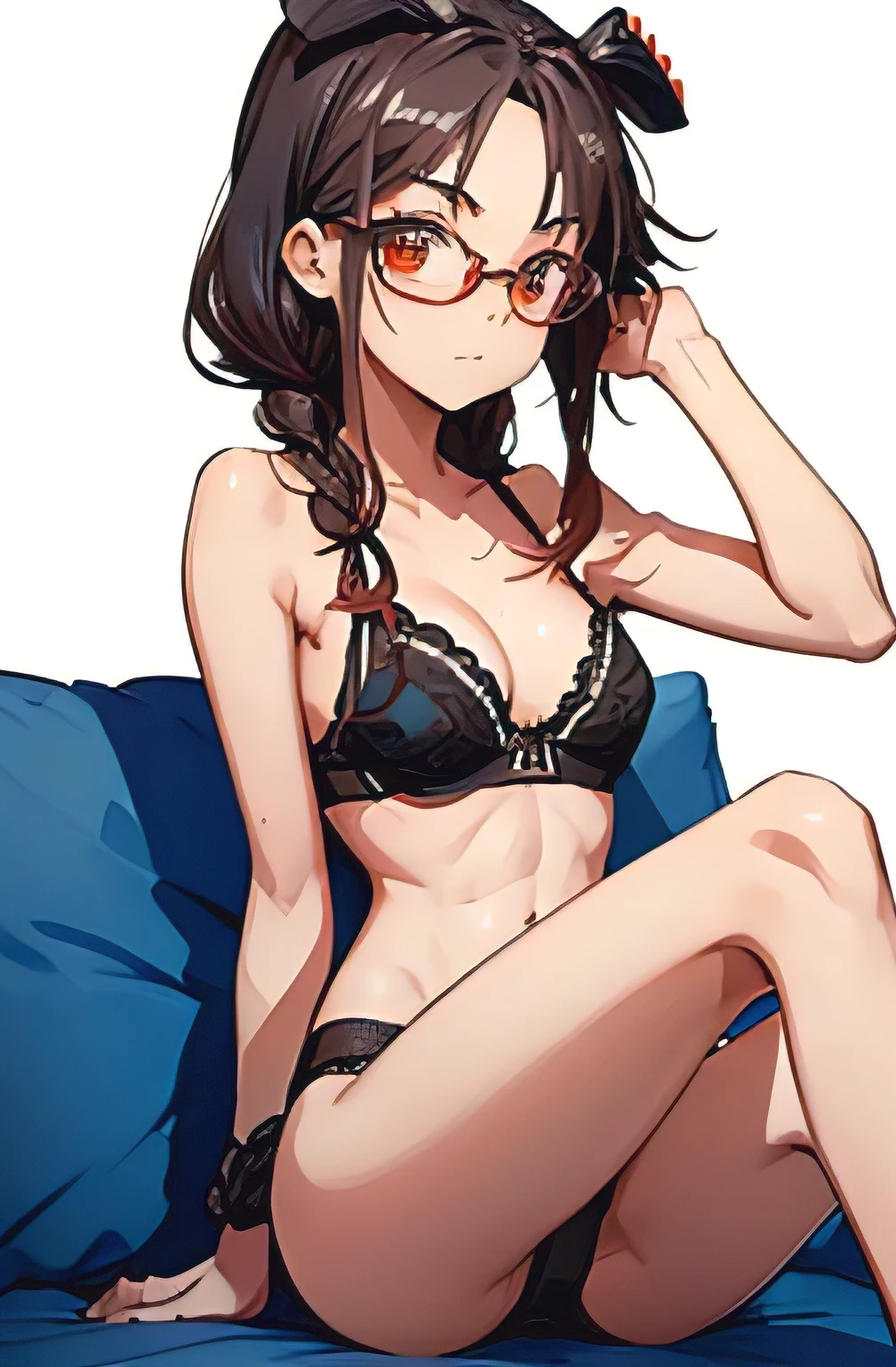 ((( character : ager : Tzuyu : nerd : fit body : braided hair : glasses : : sitting ))) / black_bra, black_panties Pose sexy