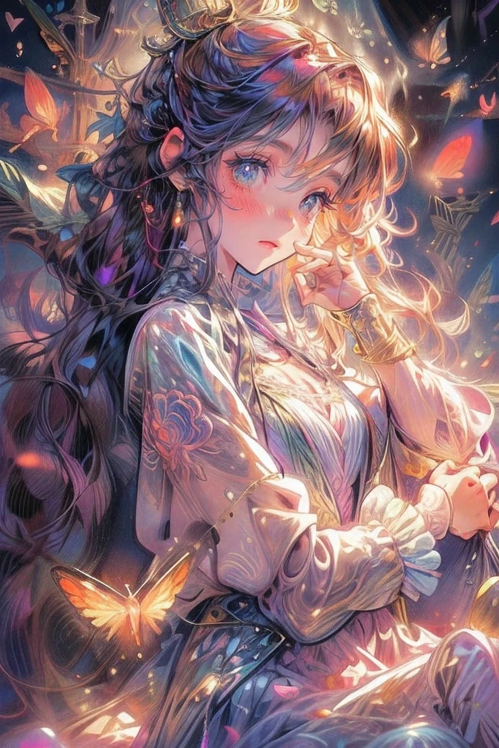 fantasic illustration, masterpiece:1.2, highest quality, highres, 16k, beautiful detailed, ultra-realistic, photo realistic:1.37,  beautiful cute 
firefly spirit princess, lying back in meadow lake, growing golden eyes, shining pupils, blushed cheek, shiny rosy lips, beautiful delicate(hair, face, eyes, pupils,dress), middle breasts