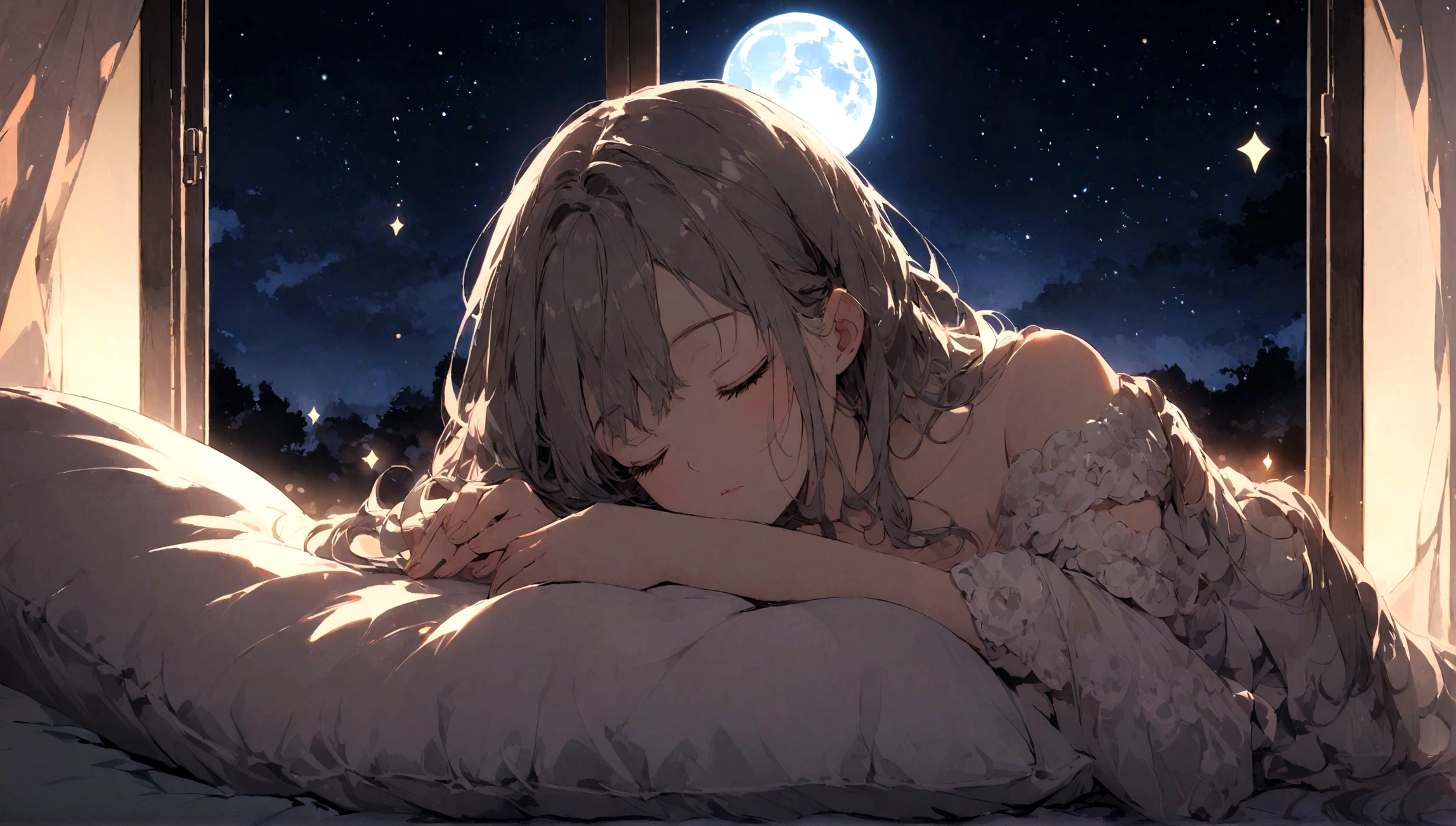 Beautiful woman sleeping on a pillow ,A window with a beautiful view, Night Sky, star, full moon.