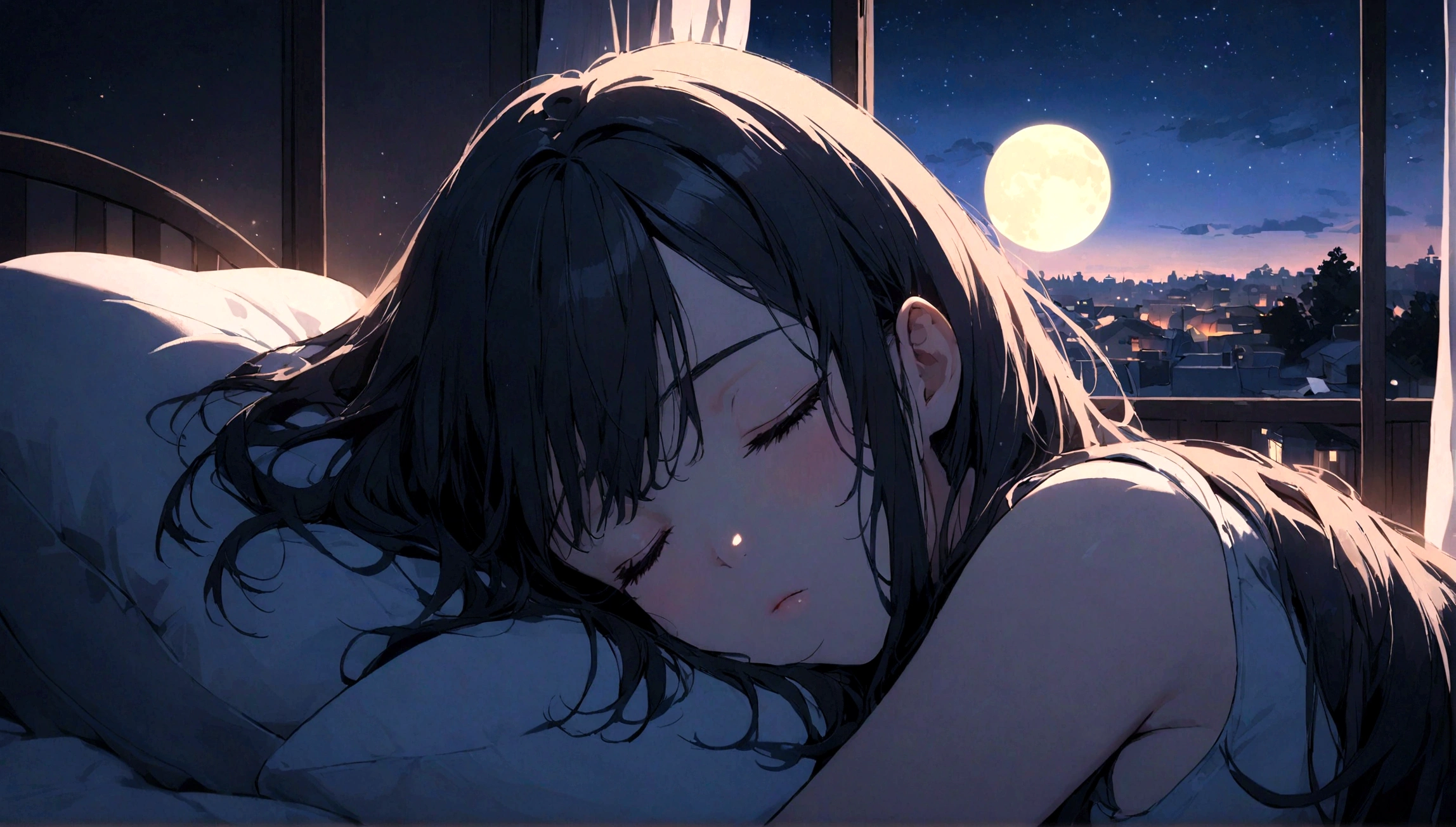 Beautiful woman sleeping on a pillow ,A window with a beautiful view, Night Sky, star, full moon.