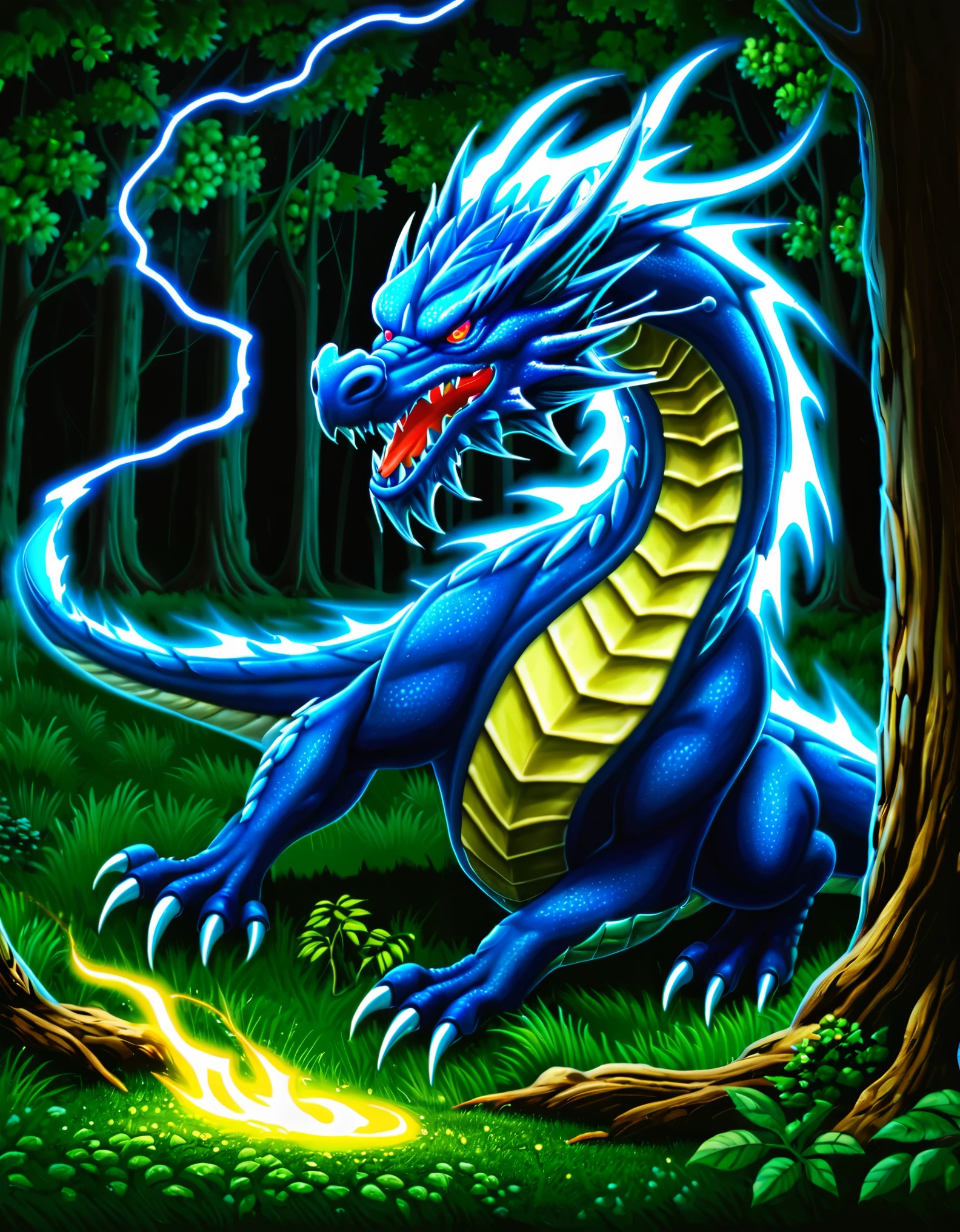 Blue Lightning Dragon in the woods at night.