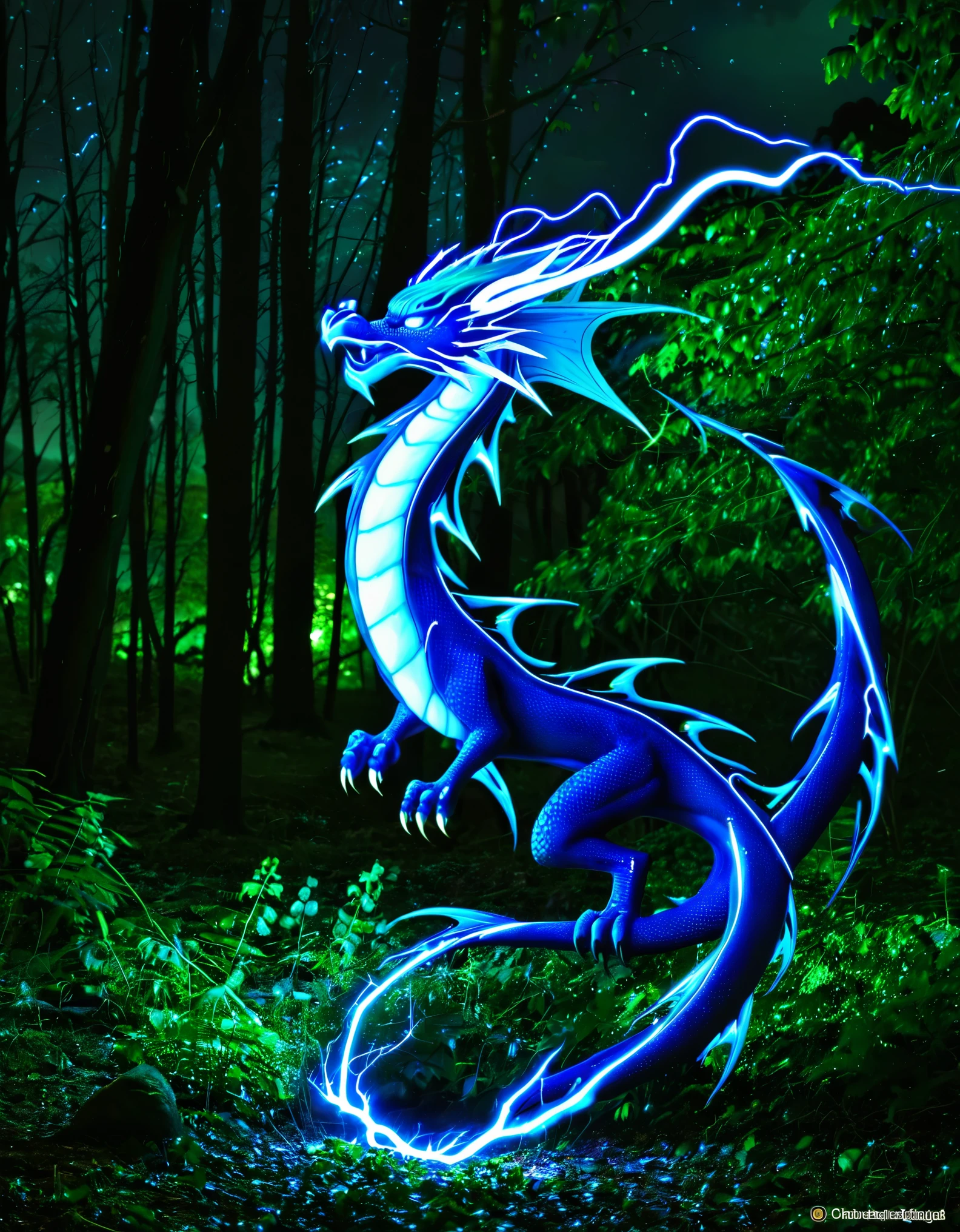Blue Lightning Dragon in the woods at night.