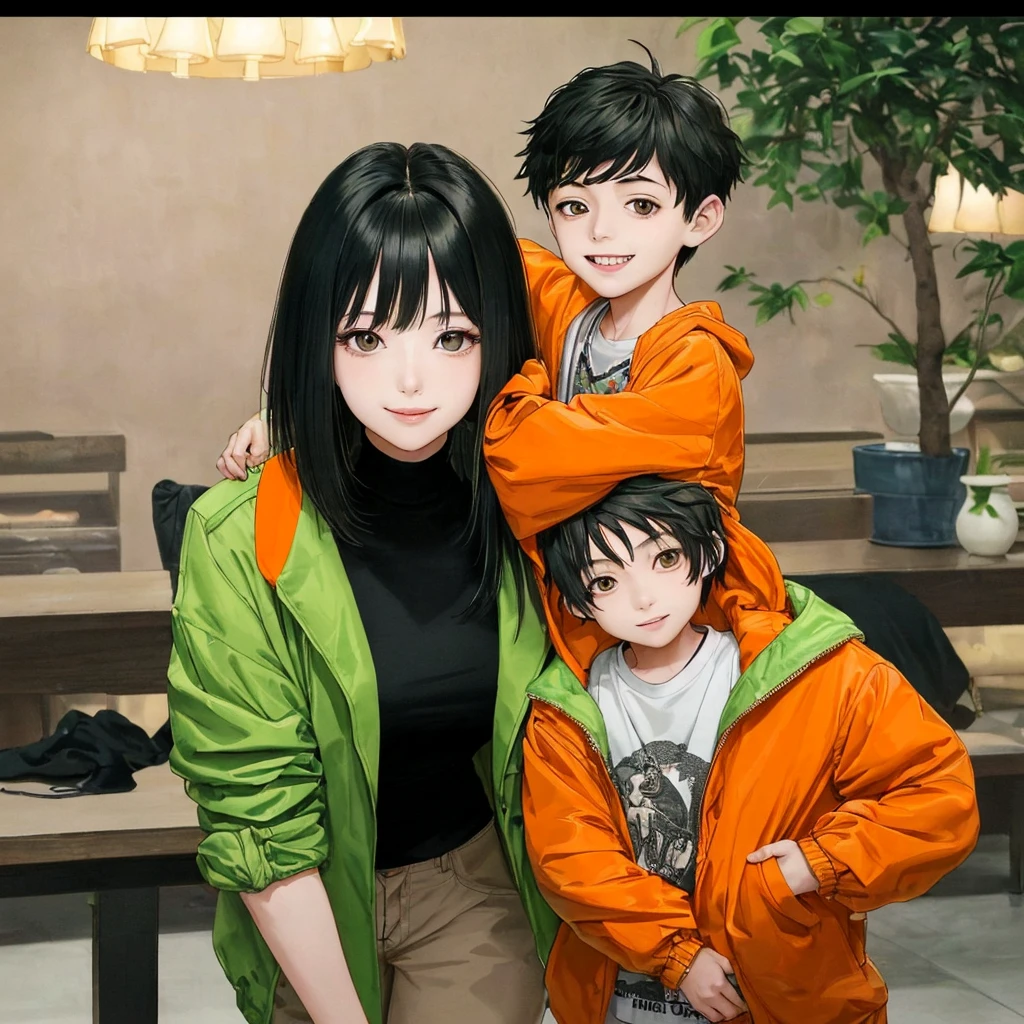 highest quality，masterpiece，超A high resolution，Perfect Anatomy,（Faithfulness：1.4），RAW Photos，smile，Children of short-haired boys，Woman with long hair and 2 year old boy with short hair，a woman and small boy, Mom and short-haired son,Gorgeous Mother And Smiley Boy,（Big tree々Parks with）(((Big treeの後ろに隠れている母)))、(hide and seek）Cowboy Shot,Cinema Lighting，Fashion model parents，Adorable，, (Browsing Caution:1.2)、(Black-haired baby looking for his mother)、(Long-haired mom and short-haired son)、（A mother wearing a tangerine jacket and a son wearing a light green jacket）