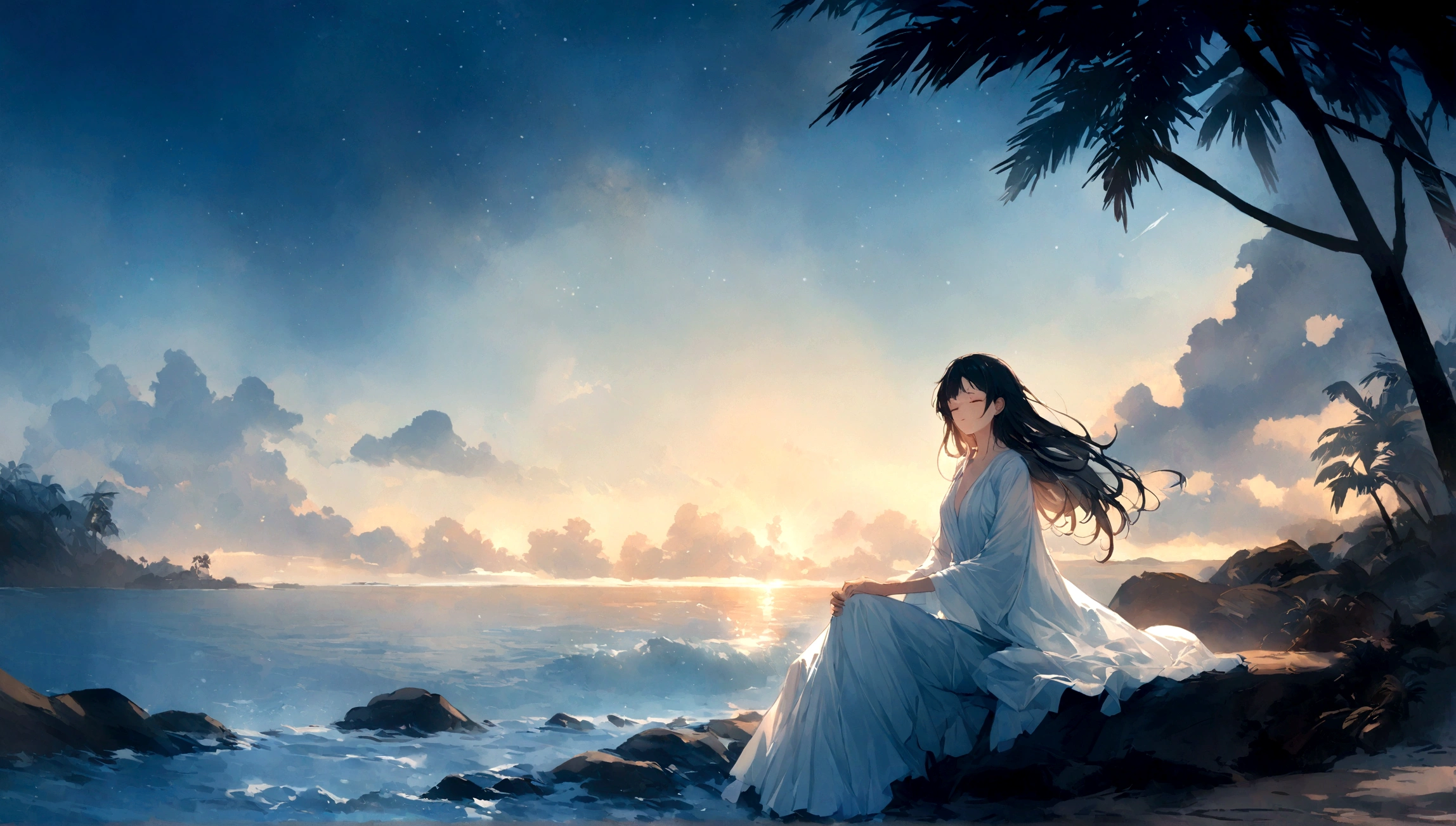 Shining brightly on her, Her eyes were closed in deep concentration. The gentle sound of waves crashing on the shore、It creates a comfortable rhythm that matches the tranquility of the scene.. The girl is sitting cross-legged, Her figure illuminated by the soft light of the moon. Her long, Her flowing black hair dances in the salty wind, Intertwined with the golden flecks of stardust that seem to float around her. She wears a flowing white robe that billows around her like a cloud, accentuate the ethereal aura that surrounds her. In the distance, A lonely palm tree stands tall, That thin silhouette painted on the canvas of the night sky. The sand beneath her seems to glow with an enchanting blue hue., Like being kissed by the moonlight. The serenity of the moment is palpable, It's as if time itself has stopped、As if to admire the beauty of this solitary meditation. This image, Capture in exquisite detail, Render in a serene watercolor or mesmerizing long exposure photography style., It can transport your audience to a world of peace and tranquility.