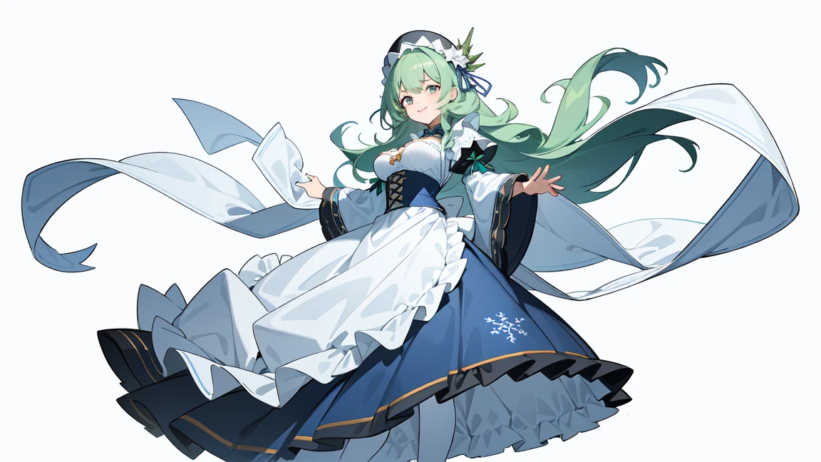 masterpiece, best quality, super high quality, 1 Girl, Solitary, young people,Sister light green hair、Long curly hair,grace,Large Breasts,, Gentle eyes,Sexy,Look at the camera,Theme is blue、Perfect human body、Christmas Eve、Wearing a Christmas outfit with lots of ruffles.、Victorian Santa Costume,ta,Snow-white furry shawl,blue snowflake totem,Smile、 (((long skirt)))、Hair accessories、about、Black pantyhose、falling snowflakes、large hat,maid apron,maid outfit,Blue and white tones, whole body, permanent, Vision, dynamic poses, ,Detailed hands, White background, Simple background,Winter atmosphere