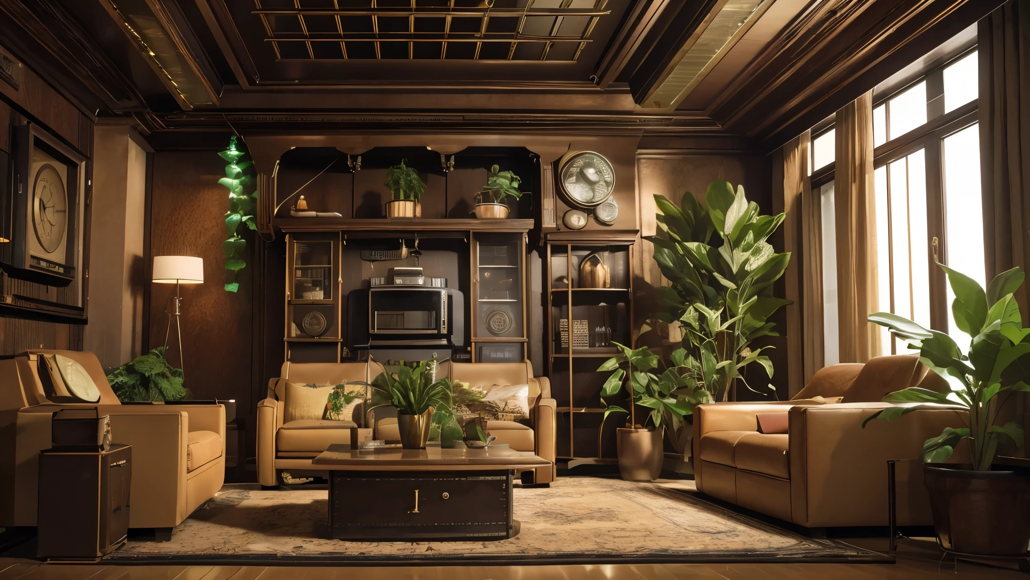 Placed on the floor of a modern carpeted living room with plants、1 organic steampunk mechanical sci-fi UFO, Modern interior, High-quality photos, Ultra-high resolution, (Realistic:1.4), Cinema Lighting, Very detailed, Ultra-realistic, Fine details, Octane Rendering