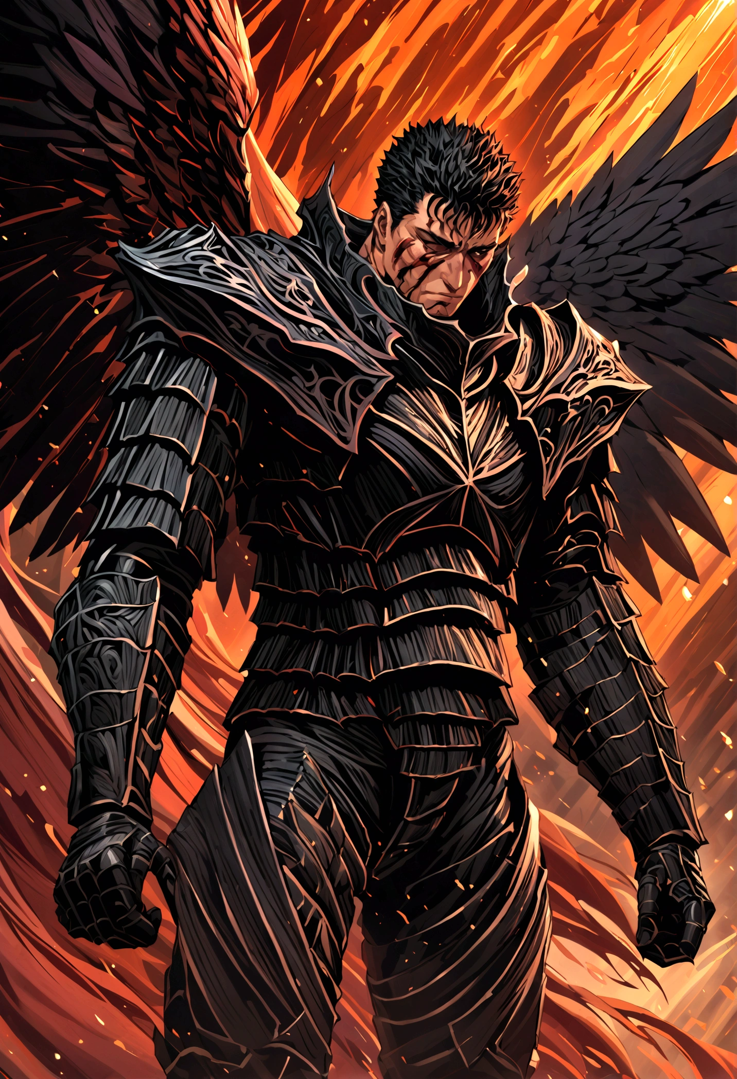 Dark Angel Wings，a muscular man in black armor with bandages, facing the viewer, with manly features, scars and wounds, smooth skin, sharp focus, illustration，guts \(berserk\) 