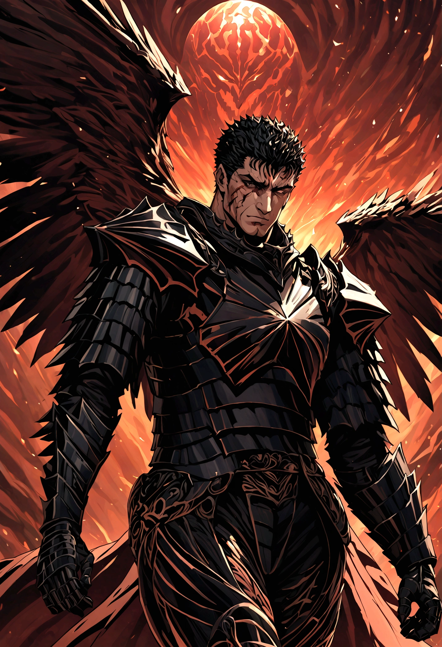 Dark Angel Wings,a muscular man in black armor with bandages, facing the viewer, with manly features, scars and wounds, smooth skin, sharp focus, illustration,guts \(berserk\)