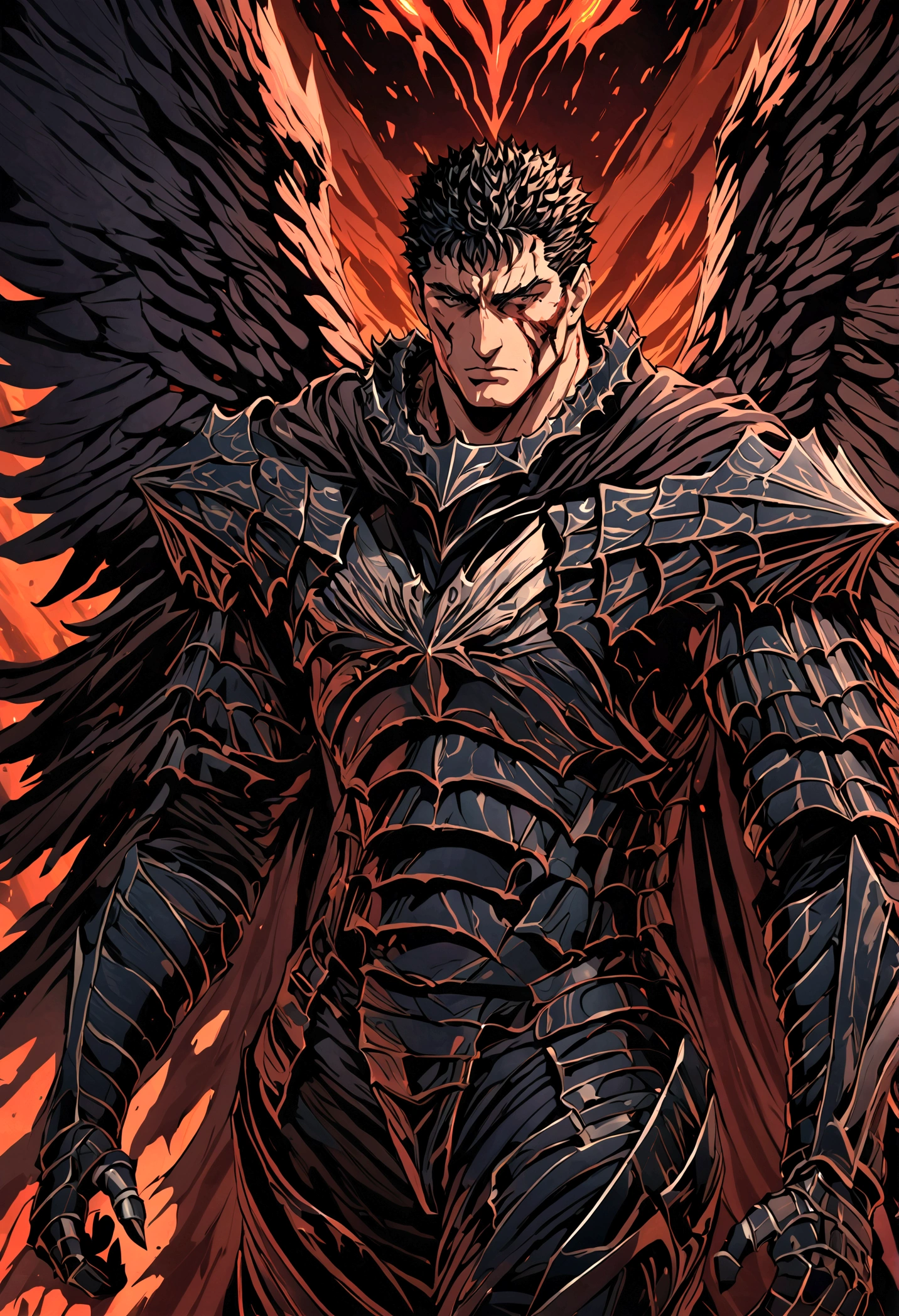 Dark Angel Wings，a muscular man in black armor with bandages, facing the viewer, with manly features, scars and wounds, smooth skin, sharp focus, illustration，guts \(berserk\) 