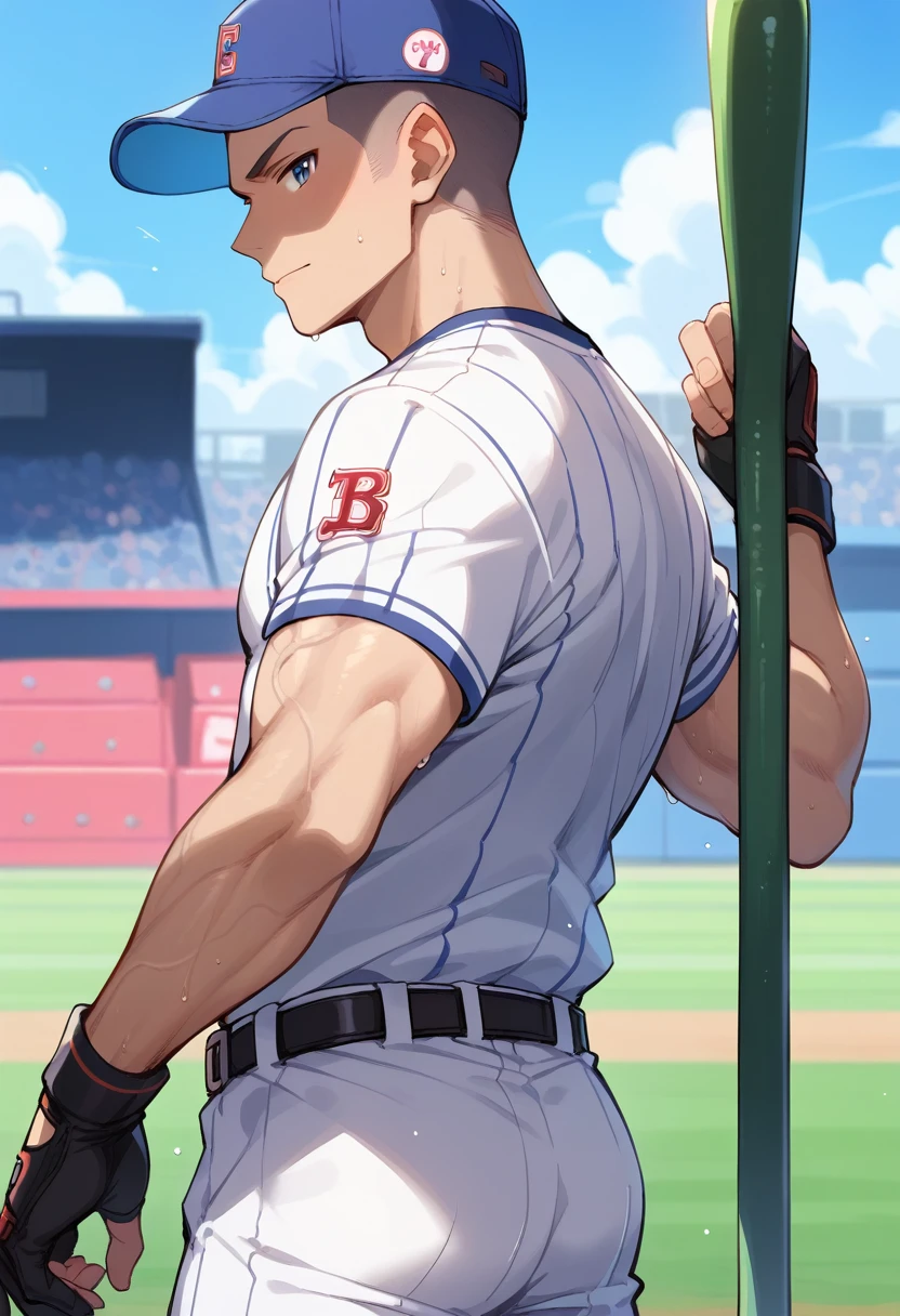 (score_9,score_8_up,score_7_up,score_6_up,score_5_up,score_4_up), best quality, best lighting, high-definition background, 1 boy is (16 yo), muscled, tanned, shaved head, baseball uniform, ((veiny arms)), playing baseball, baseball, sweaty, baseball stadium, 