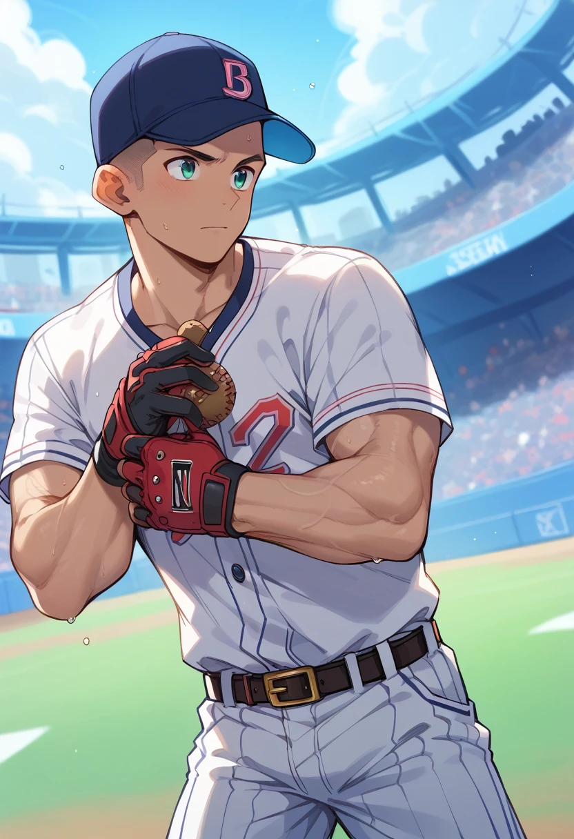 (score_9,score_8_up,score_7_up,score_6_up,score_5_up,score_4_up), best quality, best lighting, high-definition background, 1 boy is (16 yo), muscled, tanned, shaved head, baseball uniform, ((veiny arms)), playing baseball, baseball, sweaty, baseball stadium, 