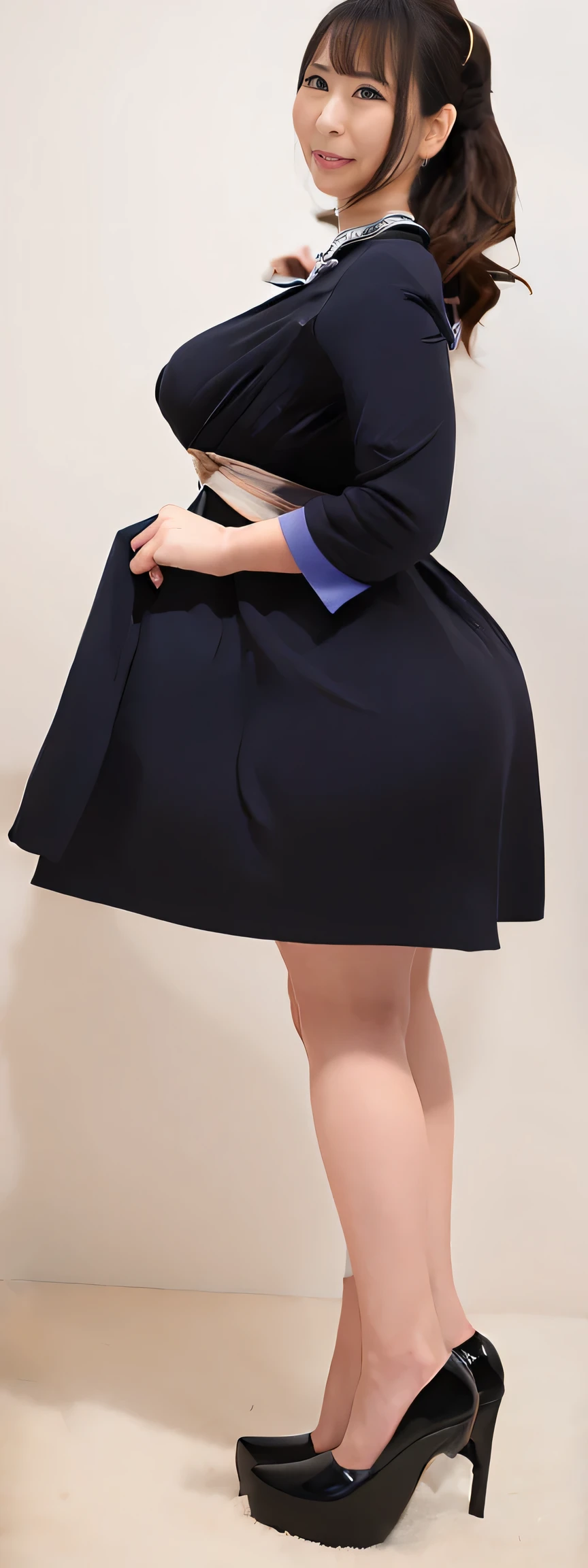Japanese maid, Mature Woman, ((Slightly thicker, Round face, About 40)), Wavy black hair with no bangs, Long Hair, Twin ponytail, Flashy makeup, Fuller lips, Sexy Gaze, uniform, ((dressing)), Looking into the camera, Low angle shooting, Cute duck mouth,((Extremely precise and accurate anatomy)), (masterpiece:1.43), Perfect balance, Realistic photos, Full Shot, whole body, (height: 148cm), High heels Has two legs,Has two arms、Has two legs, You need two arms))