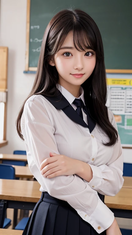 1 Japanese girl,(school uniform:1.4), (RAW Photos, highest quality), (Realistic, Photorealistic:1.4), Very delicate and beautiful, Very detailed, 8k wallpaper, wonderful, In detail, Very detailedなCG Unity, High resolution, Soft Light, Beautiful Details 19 years old, Very detailedな目と顔, Beautifully detailed nose, Beautiful fine details,Cinema Lighting,Perfect Anatomy,Slender body,smile (Asymmetrical bangs,)