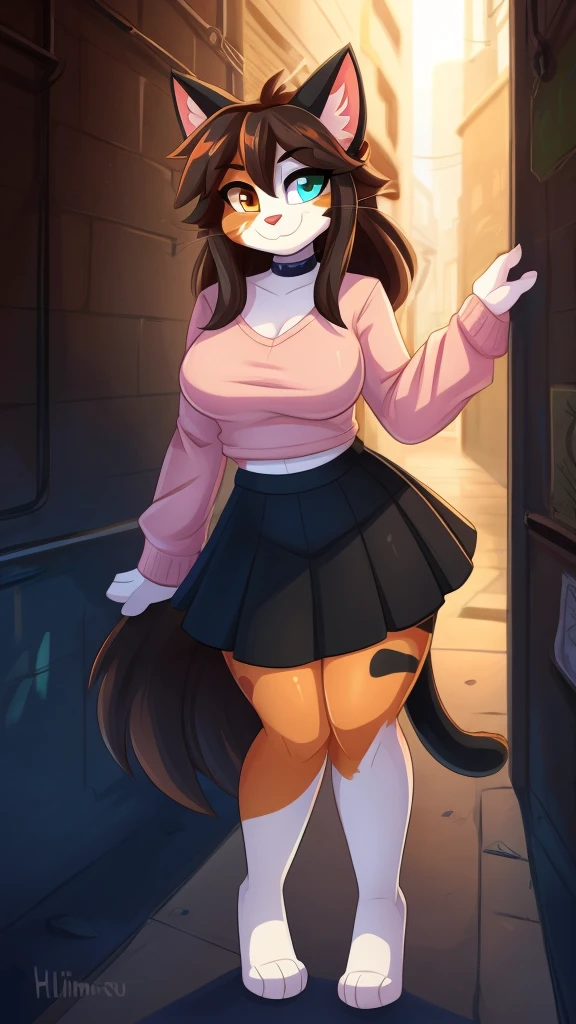 by Kilinah, by Coffeesoda, by Hioshiru, by Kilinah, uploaded E621, beautiful and detailed portrait of a woman (((female))) anthro cat, lighting Zenematic, seductive, bl, cat, thighighs, big chest, full body, beautiful, messy hair, brown hair, white eyes, thicc, solo, standing, long hair, 2-tone hair ((orange | black)), cat ears, Totora, Totora, Thighighs, Calico cat, Heterochromia ((green | blue)), pink crop top with long sleeves, black skirt, dark alley, bent over