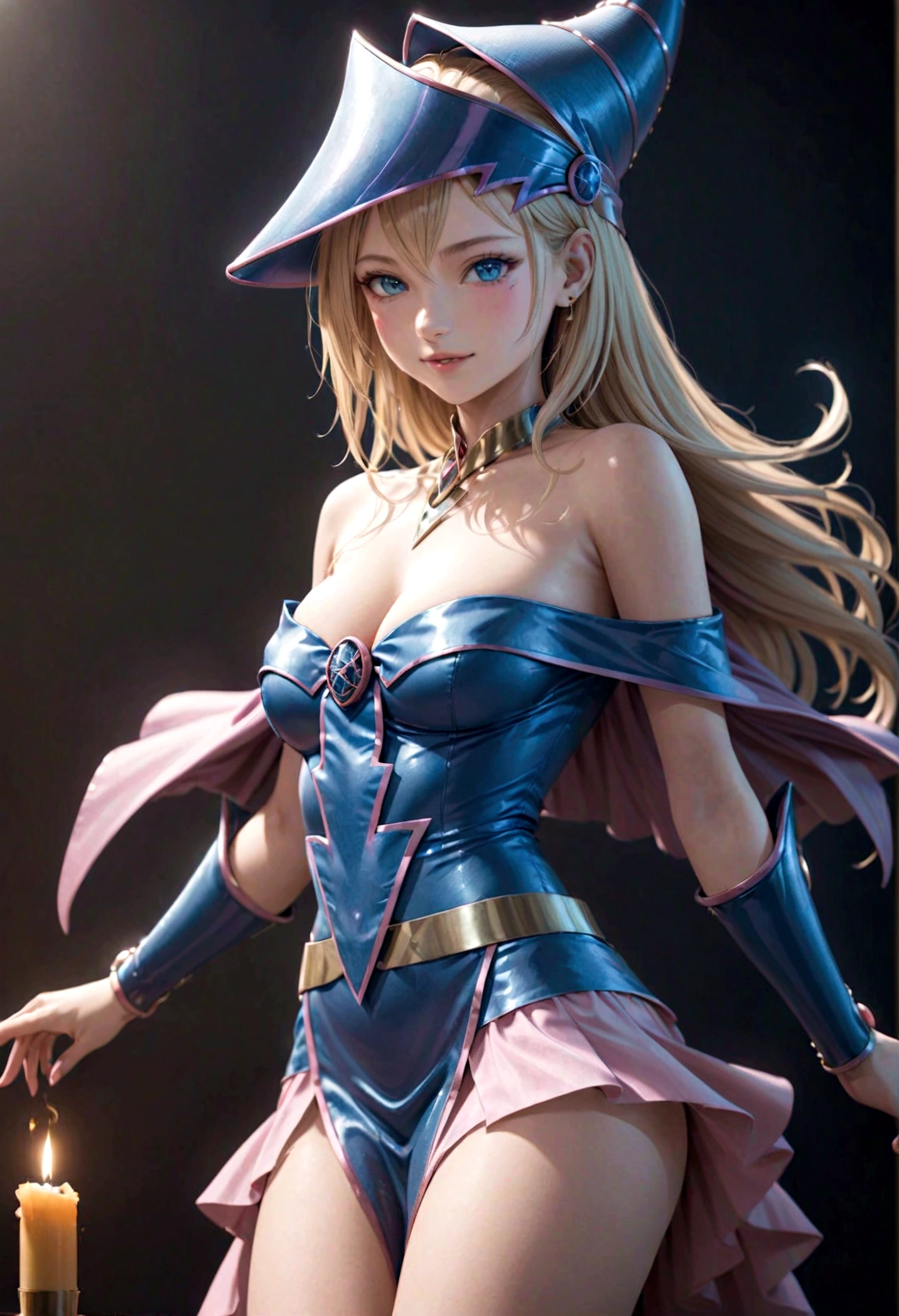 Dark_Magician_Girl，a beautiful dark magician girl, 1girl, elegant magician outfit, dramatic magical pose, long wavy blonde hair, piercing blue eyes, detailed facial features, flawless skin, glowing magical energy, intricate magical runes and symbols, dramatic dark lighting, moody color palette, cinematic camera angle, highly detailed, photorealistic, 8k, masterpiece