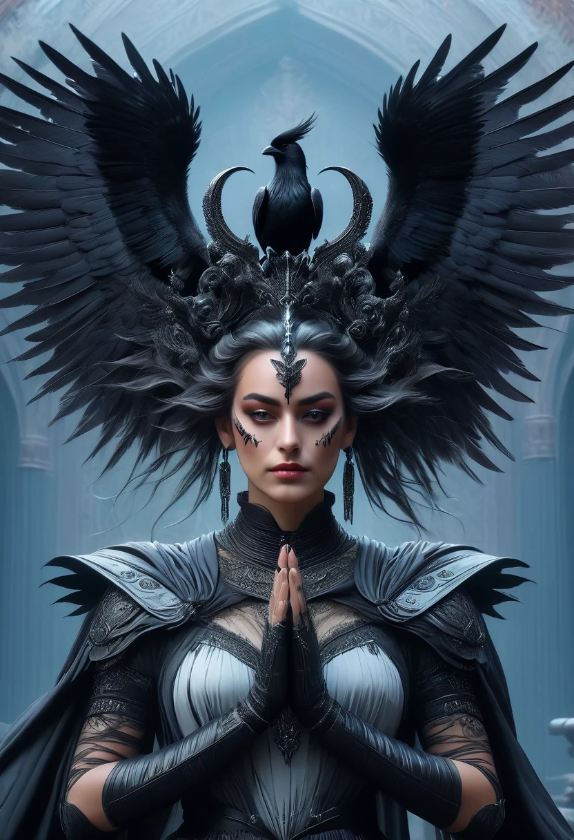 A woman is wearing a gorgeous sleeveless dress, holding her chin with one hand, wearing exquisite makeup, with long white waves on her head, a pair of huge black wings on her back, and a pair of black feathers on her head. Horns, a crow standing on the shoulder, medieval darkness, vaporwave, contrasting colors, ultra-high definition details, 