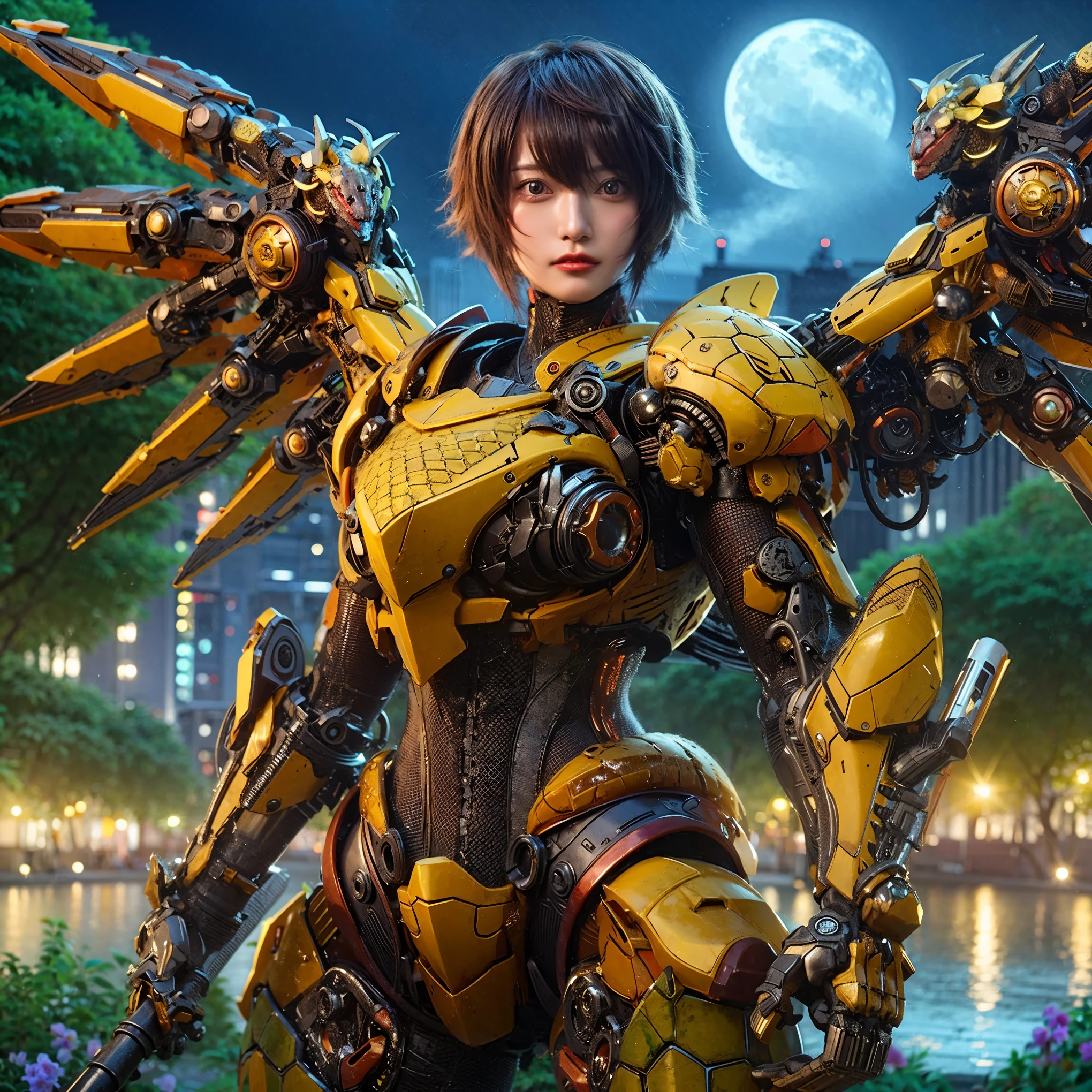 ultra high res,8k,(Photorealsitic:1.4), (crab-like animal wear:1.2), designed by Hajime Katoki,heavy weapons,Vernier, thruster, apogee motor, propellant tank, vivid textures,animal legs, gradation hair, japanese female realistic face, black eyes,((super realistic all textures)), ((super intricate all details)), full body shot, ultrasharp, Acrylic Clear Cover, Hydraulic cylinder,super fine photorealistic style, Minimum of 4 pieces created