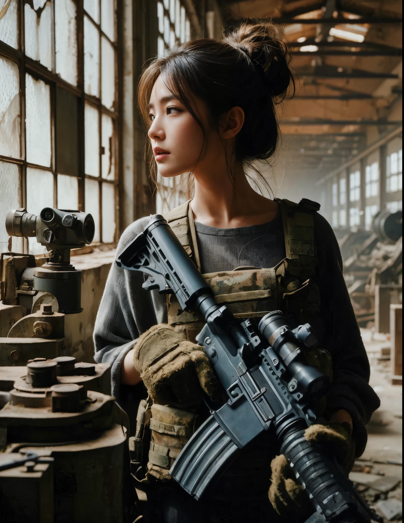 8k,Realistic Photo、Realistic Skin Texture、Superrealism、Japanese women in the U.S. military、Searching for something in a mysterious abandoned factory、The concrete floor is cracked and wet.、Abandoned machinery is rusting and decaying.、Tattoo