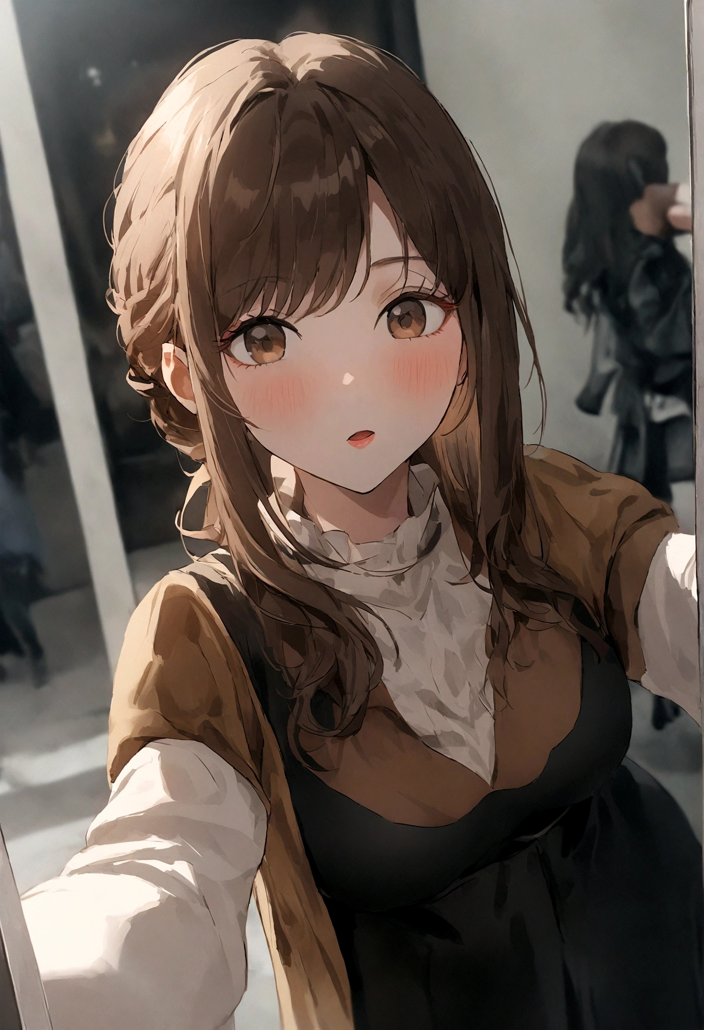 Frau in schwarzer Kleidung, sexy girl with brown eyes, brown hair and big eyes, Selfie of a young woman, Natural makeup, Direkt in die Kamera schauen, Superbe photo du corps entier, in der Stadt mit vielen Leuten, belle poitrine