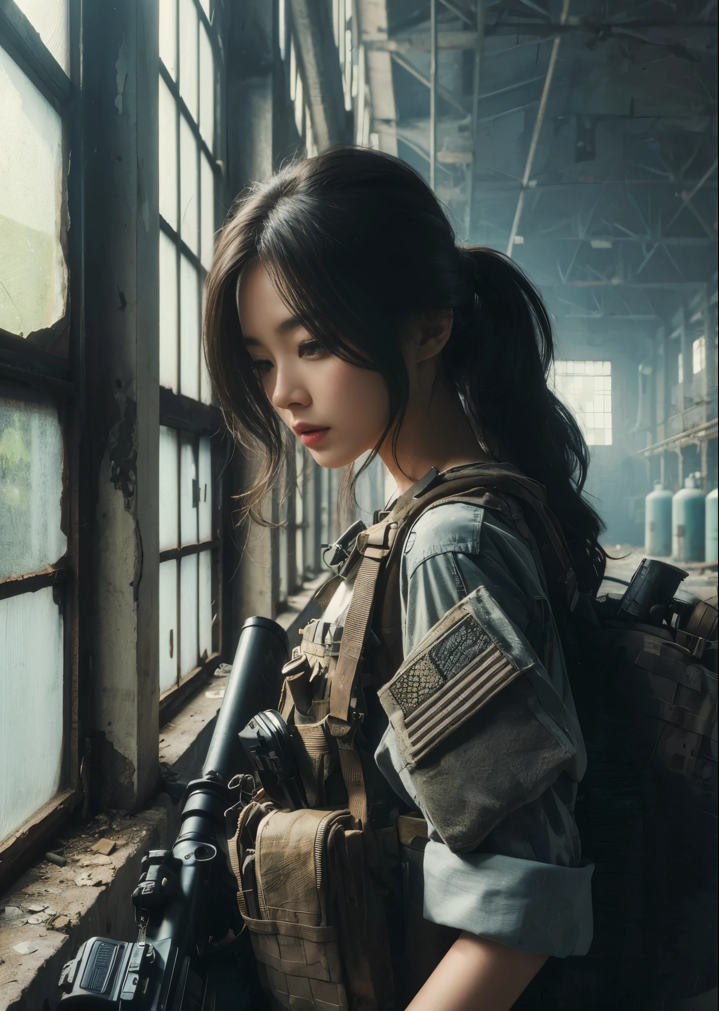 
8k,Realistic Photo、Realistic Skin Texture、Superrealism、Japanese women in the U.S. military、Searching for something in a mysterious abandoned factory、The concrete floor is cracked and wet.、Abandoned machinery is rusting and decaying.、Tattoo