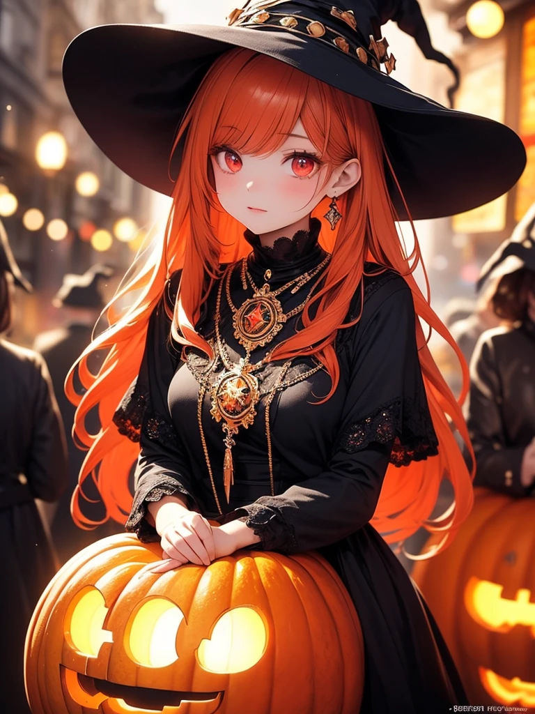 (​masterpiece),(top-quality:1.2),(perfect anatomy),(1 girl in witch hat:1.2),beautiful detailed red eyes,orange hair,sitting on very large pumpkin,(Highly detailed elegant), Magical colors and atmosphere, Detailed skin,The background is soft and blurry,Add a dramatic and symbolic element to your scene, Written boundary depth, Bokeh, Silky to the touch