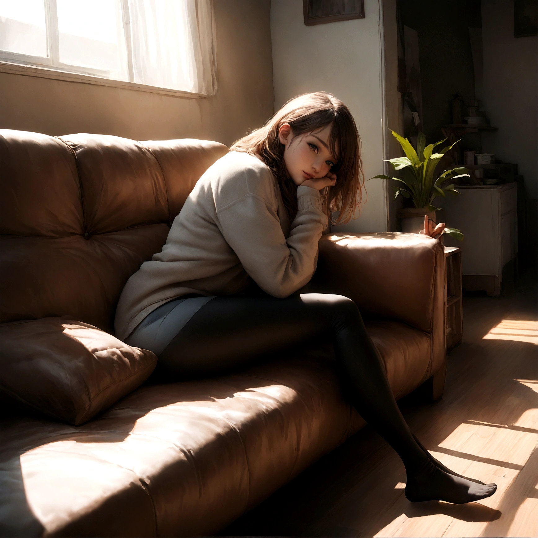 gorgeous young italian woman, in her living room, on a sofa, wearing a legging and a sweatshirt, full body, beautiful face, masterpiece, best quality, ultra-detalled, solo, shadows, contrast, cinematic light, side lighting, ultra high resolution, best shadow, RAW, 4k, 85 mm, poca profundidad de campo, Kodak Vision Colar, extrem adamente detallado, Cinematographer_|(ultra V, photoreallistic, Realstic, Postproceso, Maximum details, asper eza, vida real, ultra realista, fotorrealismo, Cinematographer, 8k UHD, Cinematographer