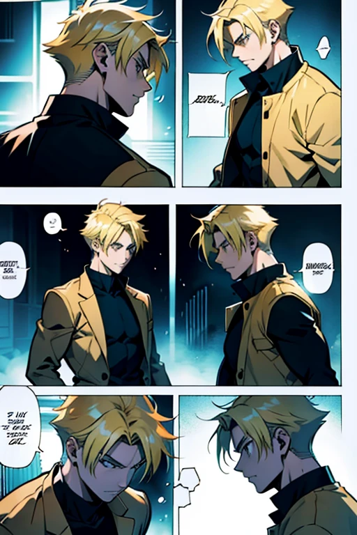 Anime guy with blonde hair fighting, manga page with panels and dialogue 