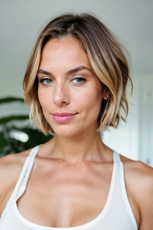 A tall woman, 30 year old European female. She is Mature, Kind, Sexy, Motherly, and Firmly. She has perfect fair skin, with a beautiful face. She has light brown eyes. Short blonde bob cut hairstyle. She has a motherly athletic build, large breasts, has a mole under her lip. Wearing a white tank top, half body.