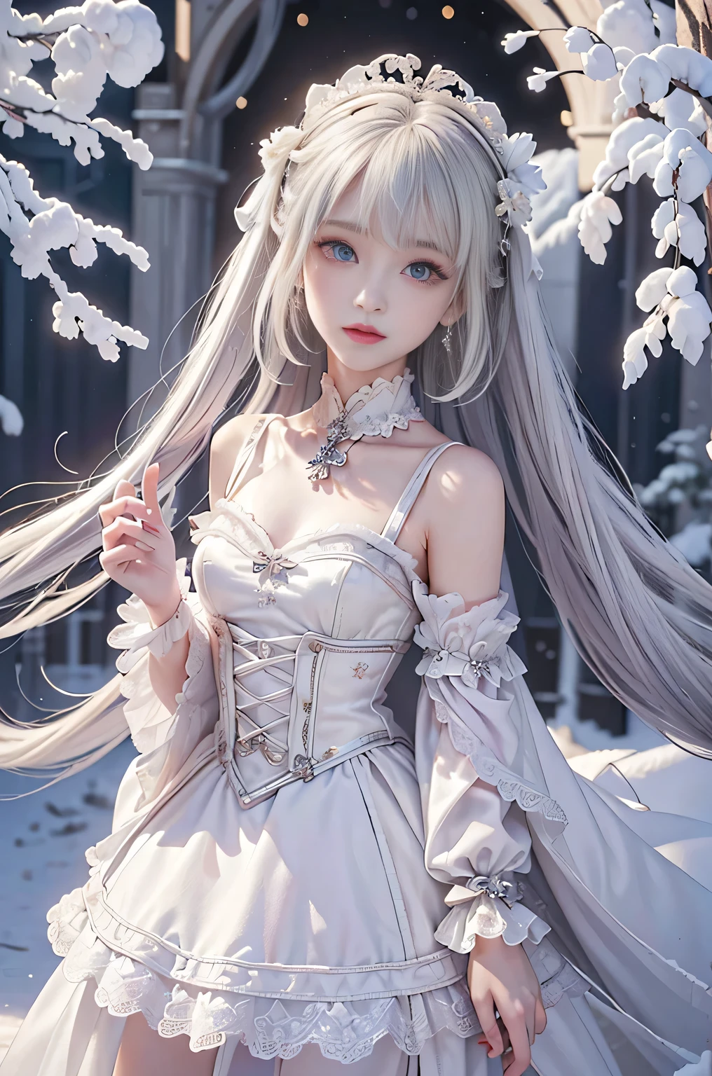 ((masterpiece:1.5,highest quality,Highly detailed images,Beautiful images、Realistic、Photorealistic、2.5D))(1girl, solo)(cute girl 、Asian Cute Girls、 medium breasts, white hair, purple eyes、Small Head、Beautiful big eyes、Sharp jaw、Small Nose、Narrow waist、Thin legs、Ideal body type、The collarbone is beautiful)(ta fashion、Cape、Monotone clothes、Snow Field、Gothic Style)(Beautiful, shining hair, floating hair)(heavy snow、dead tree)