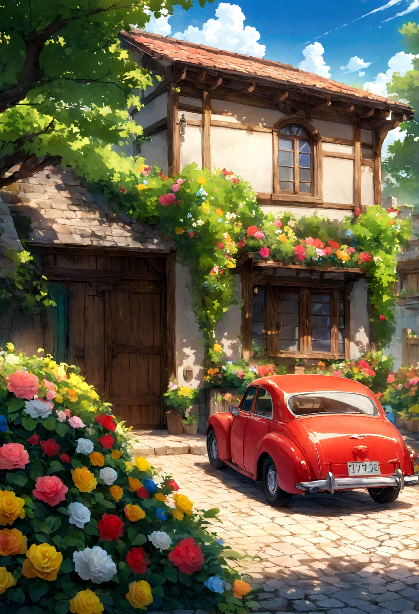A vibrant, animated outdoor scene depicting a charming house with blue exterior walls and a wooden garage door. In the foreground, a well-maintained red vintage car is parked on a stone-paved driveway. The yard is lush with green trees and colorful bushes, including rose bushes, shading the area. Overhead, the sky is a bright blue, dotted with fluffy white clouds. The atmosphere feels sunny and serene.