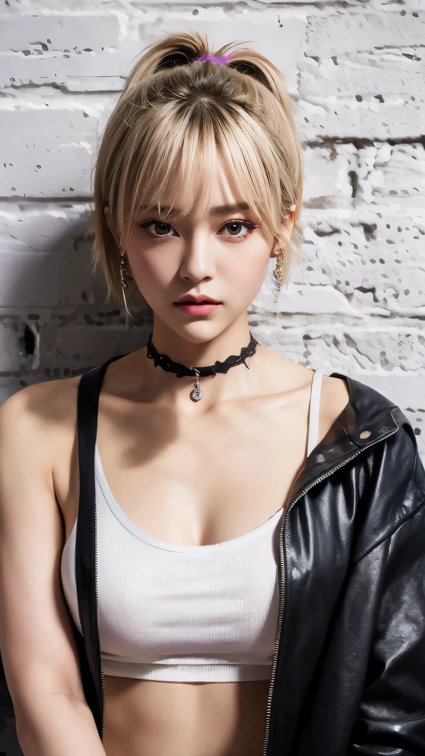 (masterpiece, highest quality, One girl, alone, Intricate details, chromatic aberration), Realistic, short hair, Blonde, Neat bangs:1.4, ponytail, pink highlights, Hair on one eye,Purple eyes, Earrings, Sharp eyes, choker, Neon Shirt, Open jacket, Crop top, (Symmetrical eyes),(Perfectly symmetrical body),Against the wall, Brick wall, graffiti, Dim lighting, alley ,View the viewer