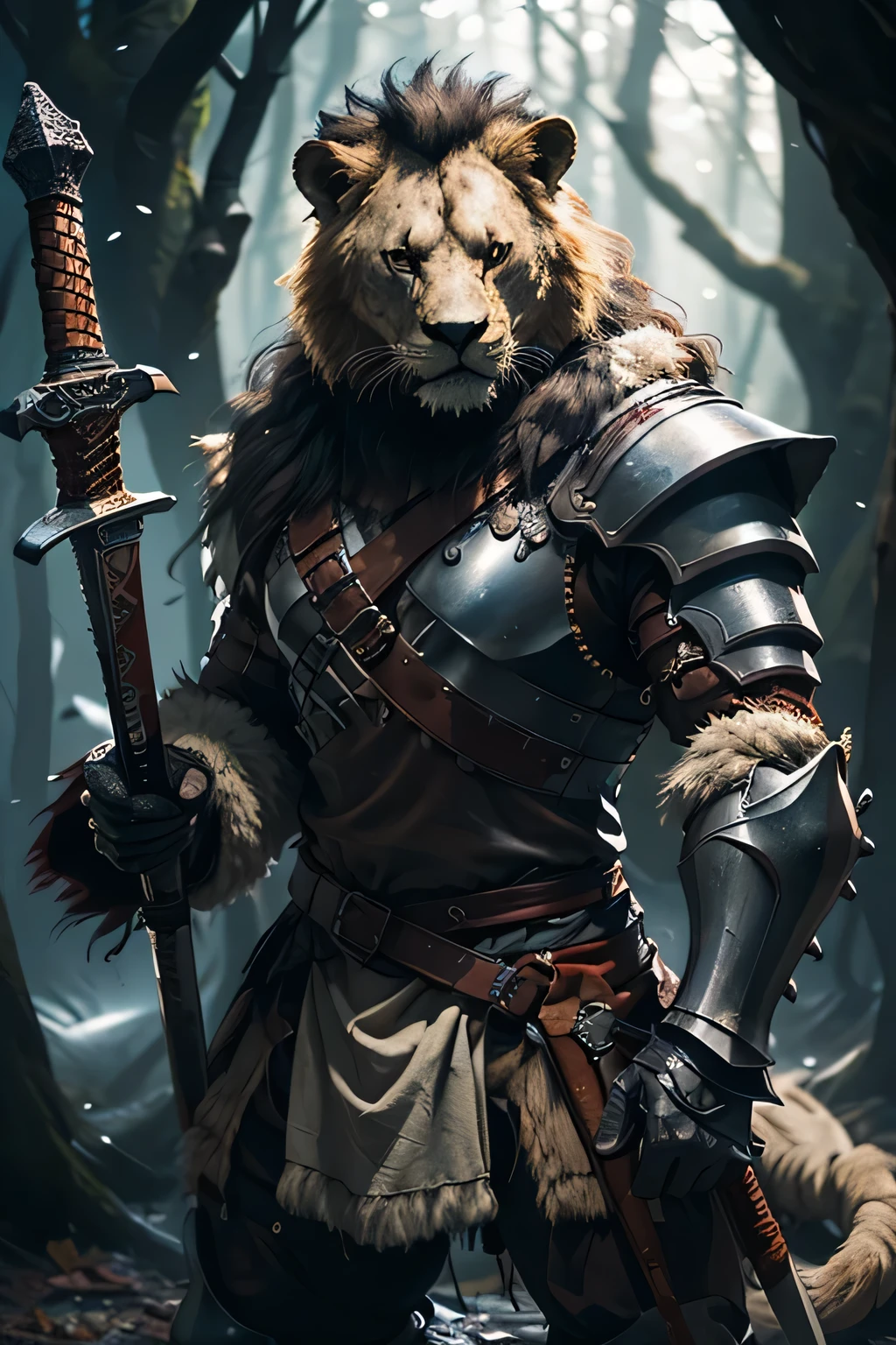 hybrid lion man, muscular, wearing shining armour, holding a sword for a fight, aggressive stance, ((holding sword from its handle)), ((good looking mane))