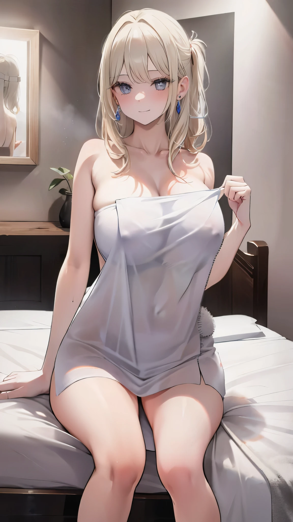 (8k、Best image quality、highest quality、masterpiece)、Detailed face、One girl、Blonde、Long Hair、Diagonal bangs、Earrings、Grey Eyes、evil smile、((Very large breasts))、((naked towel))、((nobra))、Cowboy Shot、Sit on the bed、((Dimly lit room))、Bedroom Background
