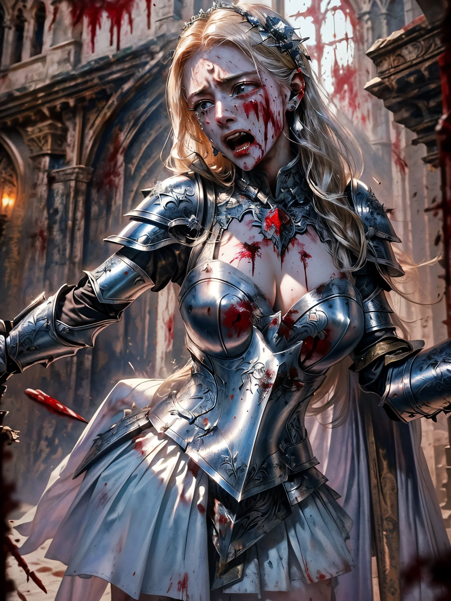 masterpiece, best quality photo,, (medieval fantasy:1.4), a beautiful 25 years old princess female knight is screaming in pain and crying, (detailed clothes; engraved metal armor with blood, blood splatted on armor:1.3), (detailed facial expression; extremely beautiful, grimace, screaming:1.3), rich matted hair:1.1, ((blood splatted armor:1.4)), (crying and terrified facial expression:1.5)