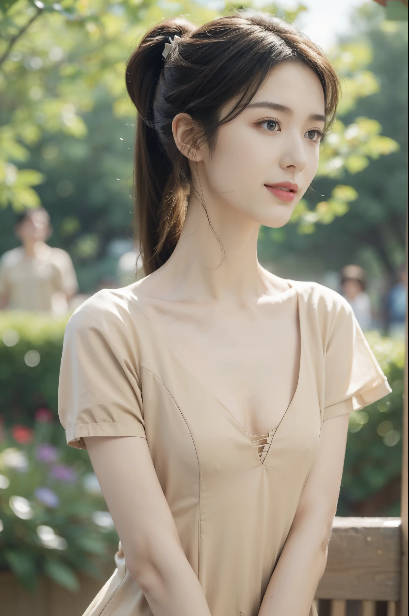 (Extremely meticulous CG),(((8k))),wallpaper,((Extremely refined and beautiful)),(((Masterpiece))),(((best qualtiy))),(((Ultra High Resolution))),beautiful light up,realistic shaded,(Smooth and flawless fair skin:1.5),(Extremely exquisite facial details:1.2),(ultra-detailed:1.5),((a beautiful girl,solo)),(short ponytail:1.2),(small head:1.2),(slender face:1.2),(Exquisite makeup:1.3),(happy:1.2),(laughing:1.2),(perfect body:1.1),(short sleeves:1.2),(beige shirt:1.3),(small breasts:1.2),(flat chest:1.2),(cleavage:1.3),((slim,thin)),(from front:1.3),(standing:1.3),(arms behind back:1.2),(at the schoolgate:1.3),(outdoor:1.2),(early summer:1.3),(day scene:1.5),(Sunny:1.3),(surrounded by crowded crowds:1.3),(close-up of face:1.3),