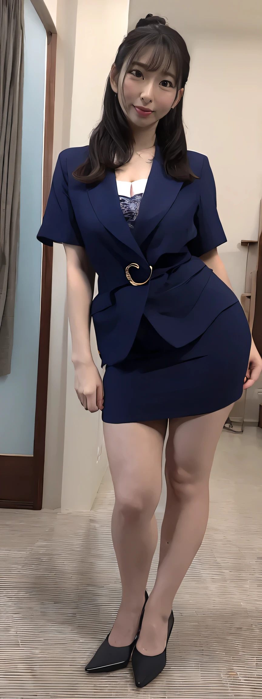Japanese maid, Mature Woman, ((Slightly thicker, Round face, about 30)), Wavy black hair with no bangs, Long Hair, Twin ponytail, Flashy makeup, Fuller lips, Sexy Gaze, uniform, ((dressing)), Looking into the camera, Low angle shooting, Cute duck mouth,((Extremely precise and accurate anatomy)), (masterpiece:1.43), Perfect balance, Realistic photos, Full Shot, whole body, (height: 148cm), High heels Has two legs,Has two arms、Has two legs, You need two arms))