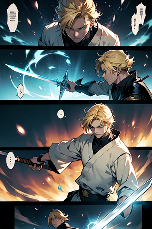 Anime guy with blonde hair making a sword out of light magic, manga page with panels and dialogue 