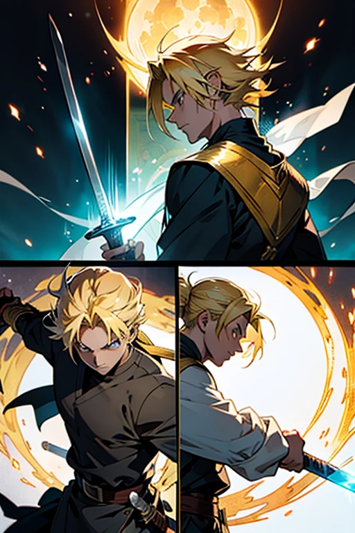 Anime guy with blonde hair making a sword out of light magic, manga page with panels and dialogue