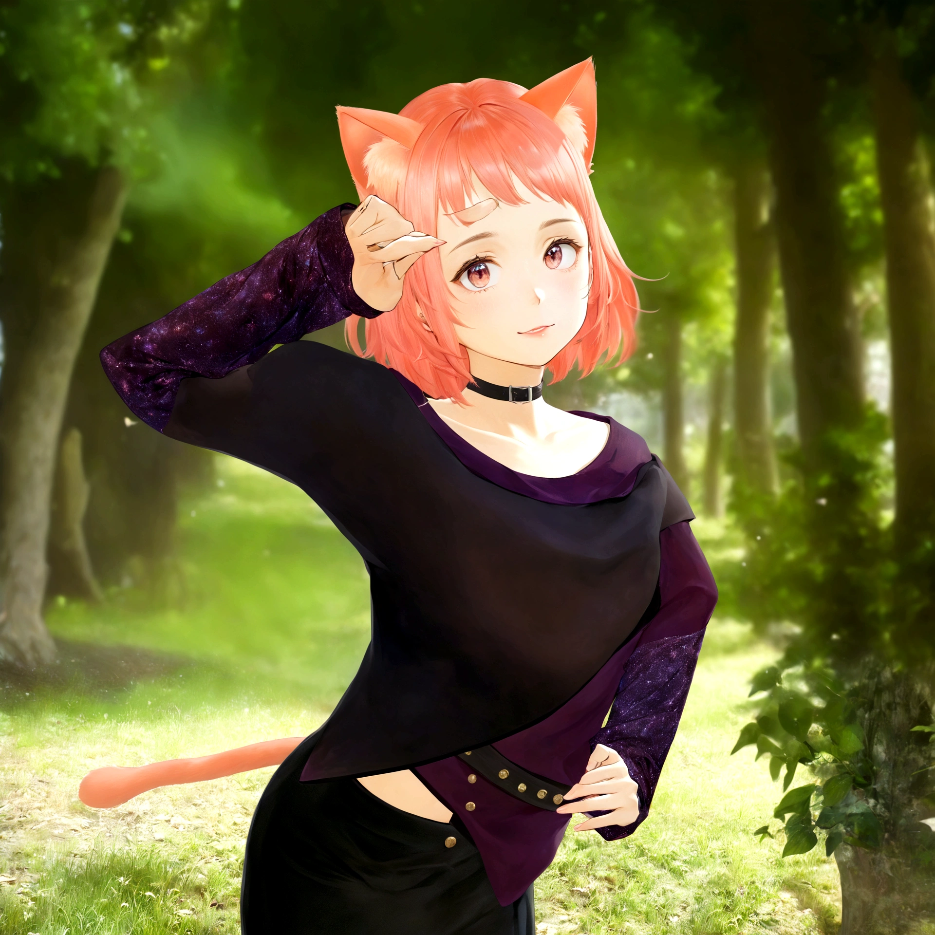 Red haired and cat ears anime girl in the park, anime Cat girl, Realistic Anime 3D Style, cute anime Cat girl, Anime realism style, Realistic anime art style, Anime Style, 魅力的なCat girl, beautiful anime Cat girl, Created by Anime Painter Studio, Cat girl, Anime Styleに, Semi-realistic anime style, beautiful young Cat girl