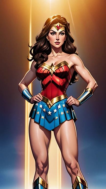 Lynda Carter as Wonder Woman stands tall with her feet shoulder-width apart. Her hands rest on her hips, and her chin is slightly raised, exuding confidence and strength. The iconic tiara glistens in the light as her long, dark hair cascades over her shoulders.